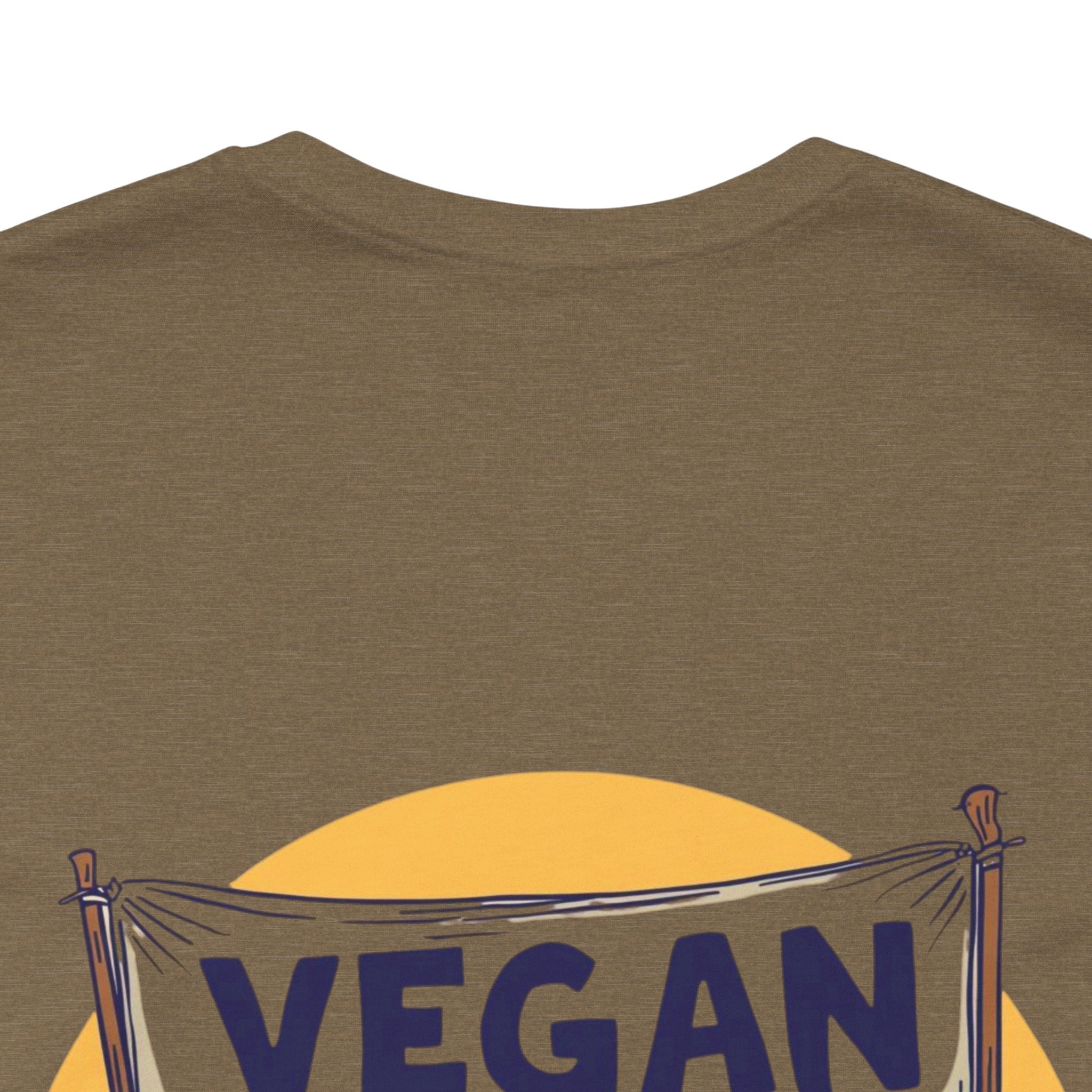 olive t-shirt with 'VEGAN' banner graphic on a white background