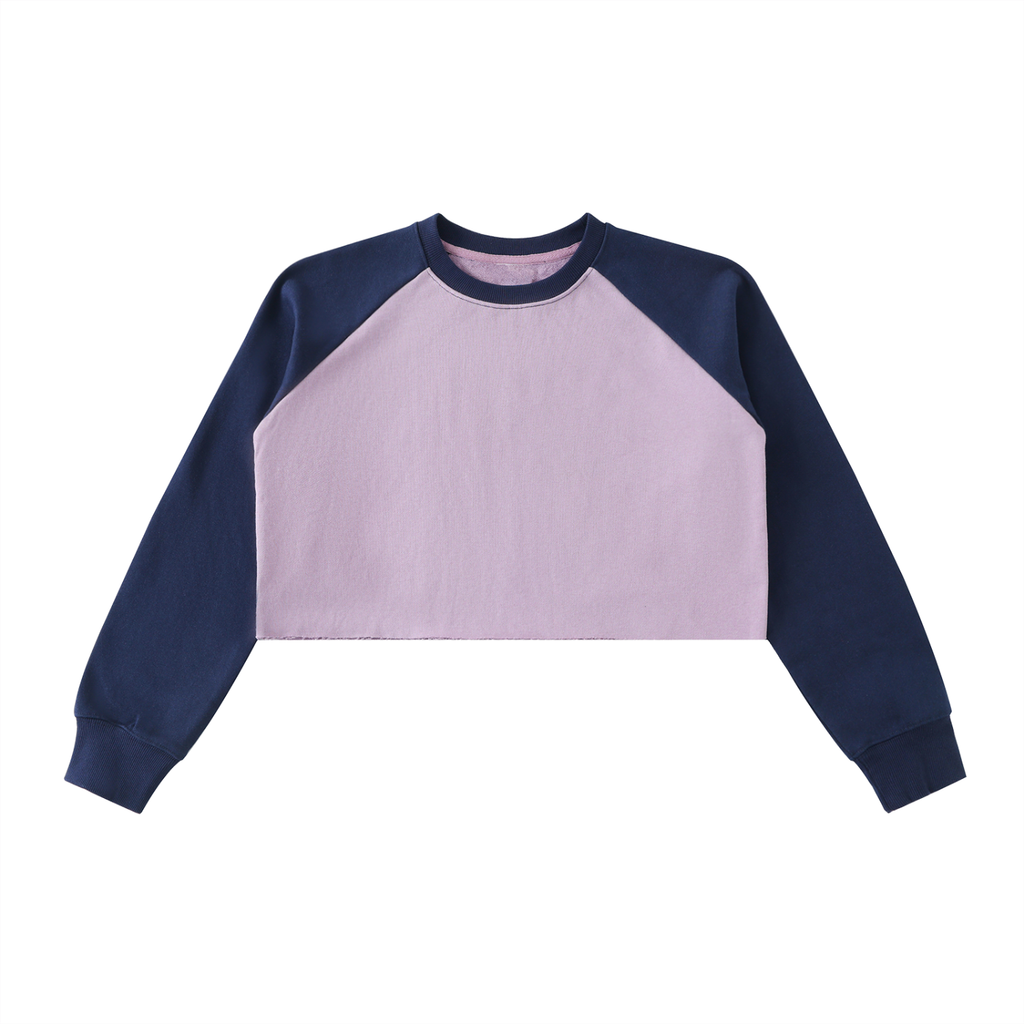 Two-tone navy and pink sweatshirt with 'Mood & Body' branding on a white background