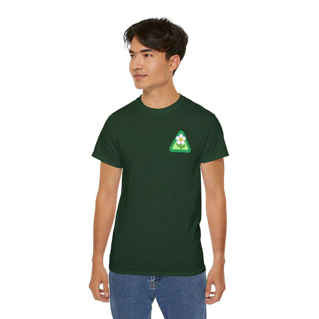 Person wearing a green t-shirt with a logo on a white background