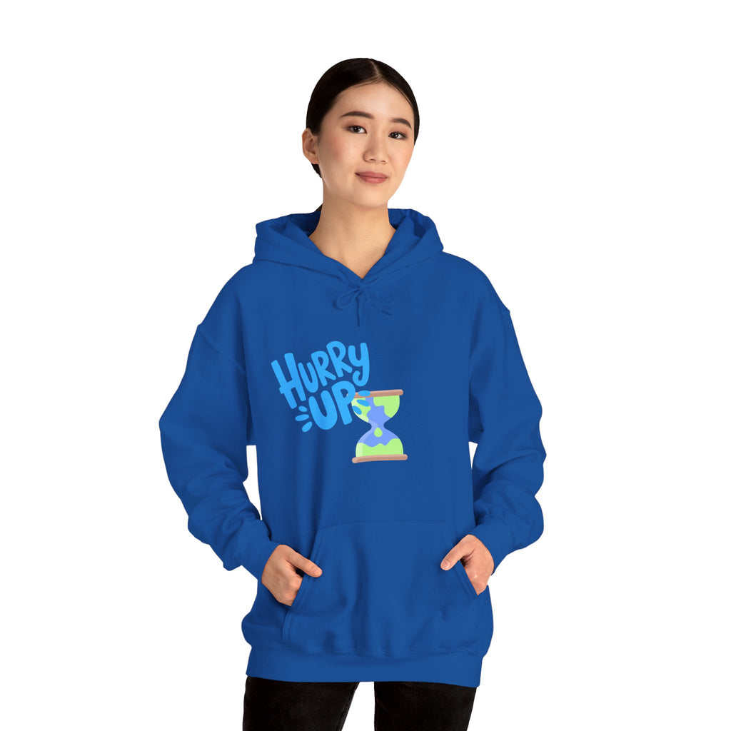 Person wearing a blue hoodie with 'Hurry Up' text and hourglass graphic on a white background
