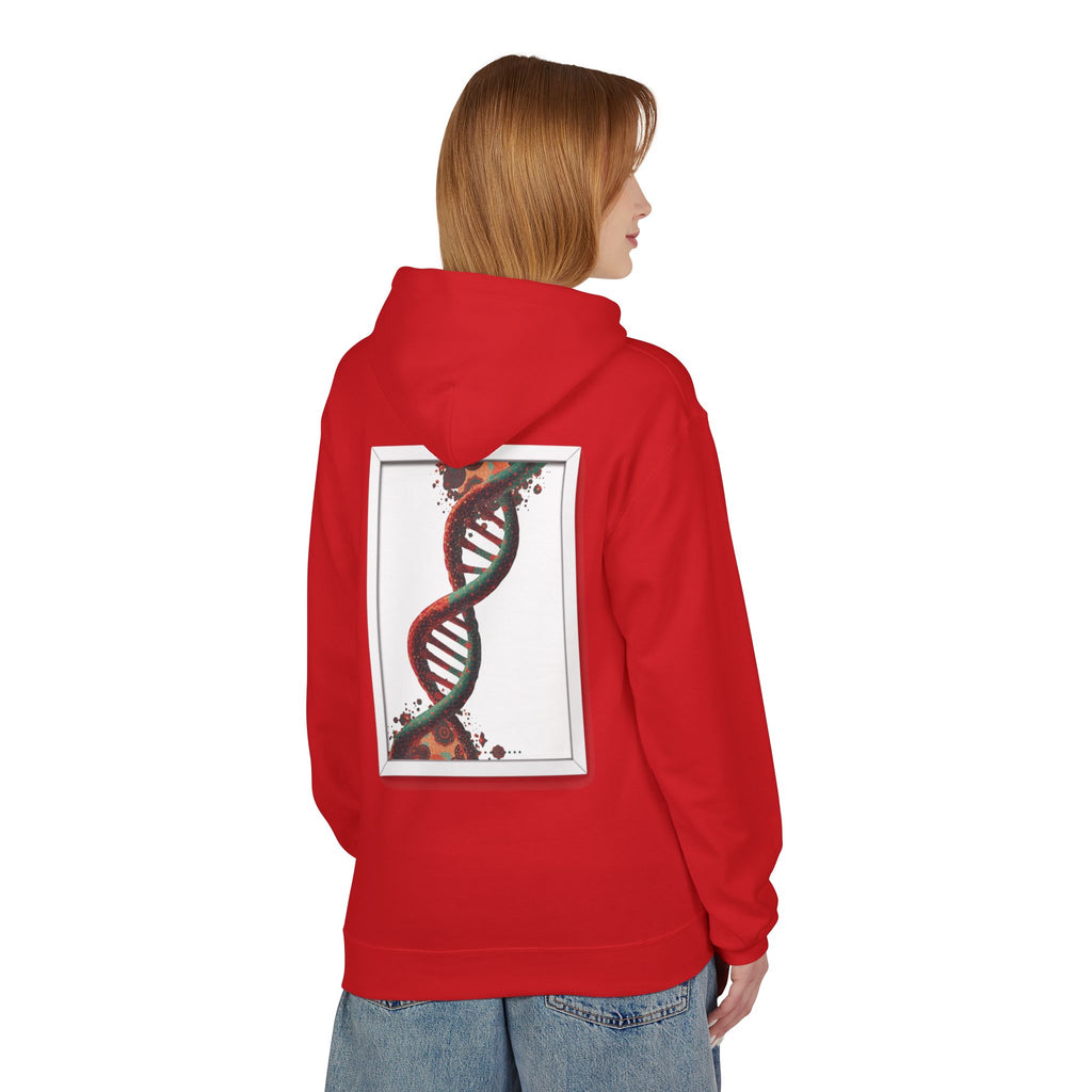 Person wearing a red hoodie with a DNA strand design on the back, standing against a white background.