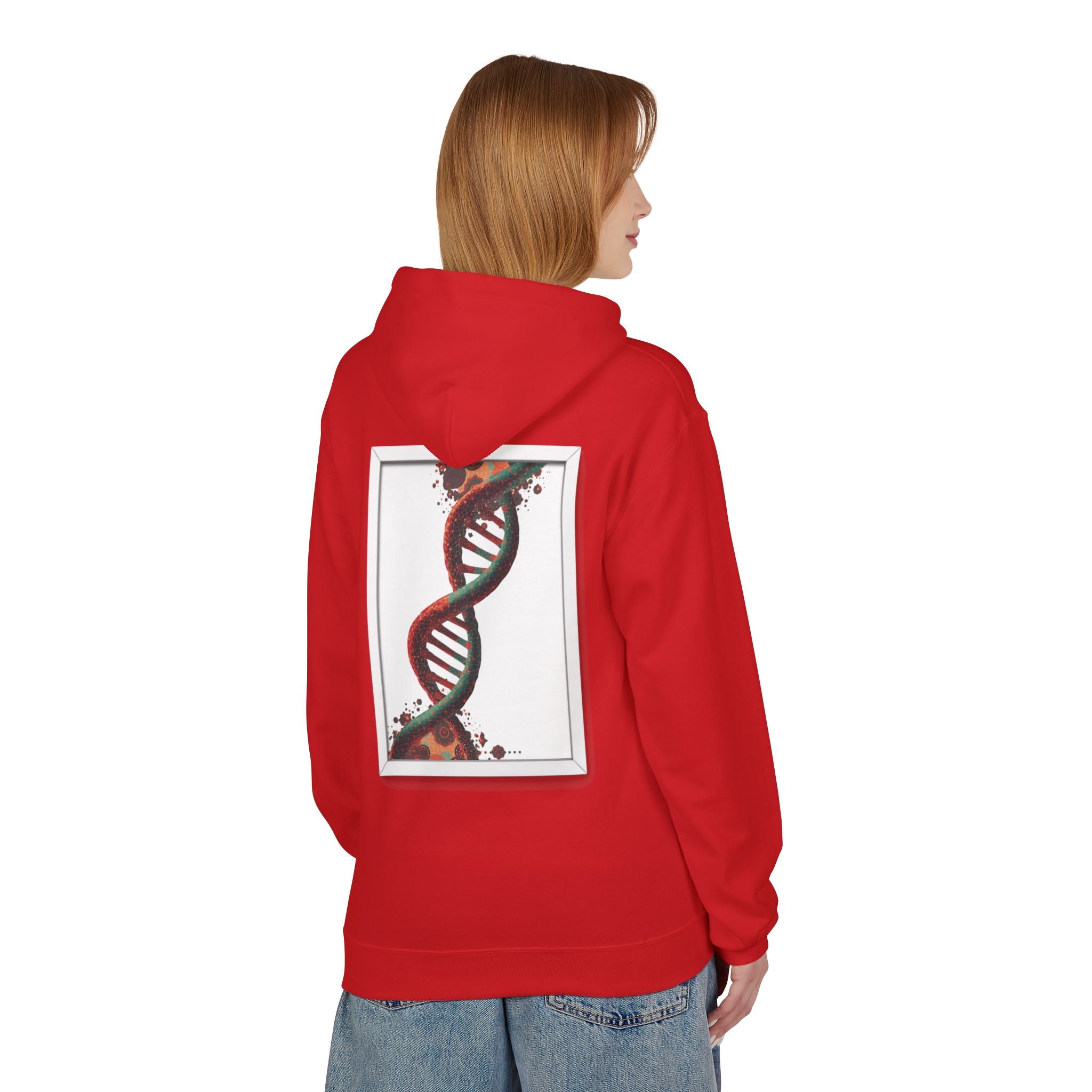Person wearing a red hoodie with a DNA strand design on the back, standing against a white background.