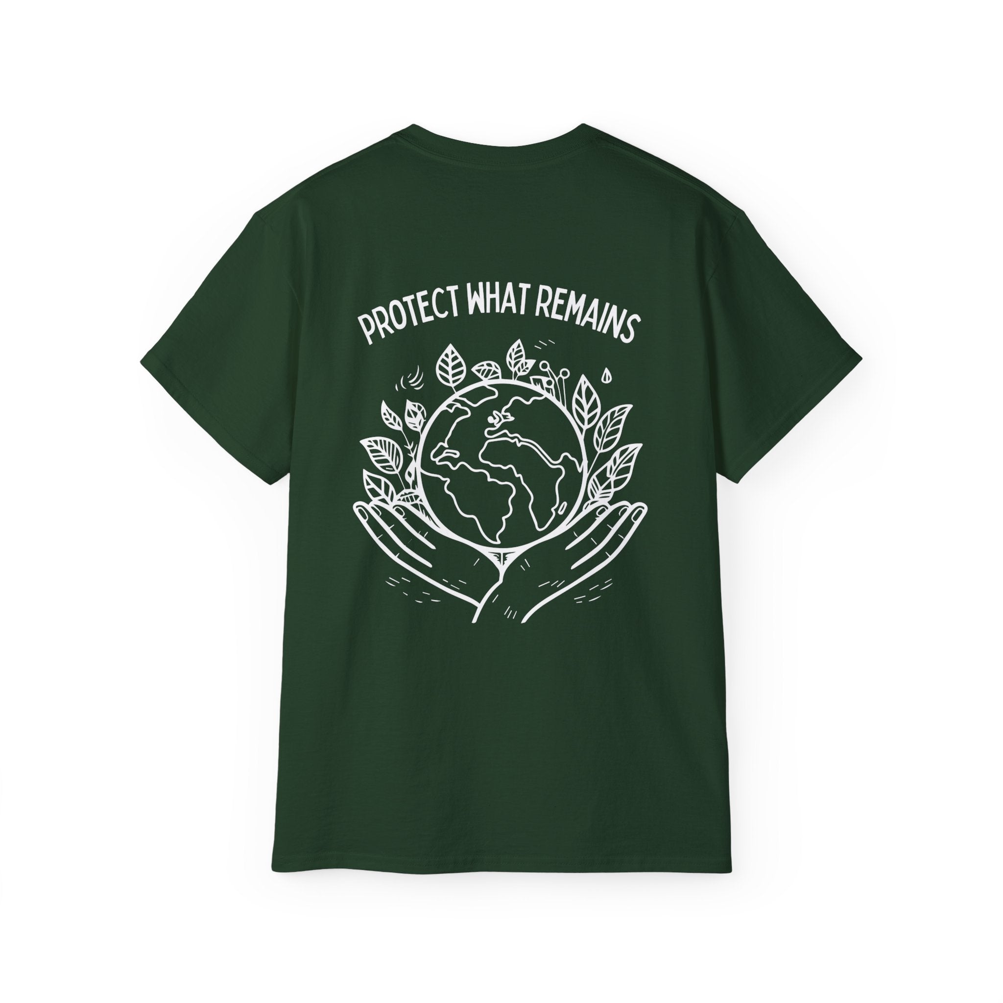 Green t-shirt with 'Protect What Remains' design on a white background