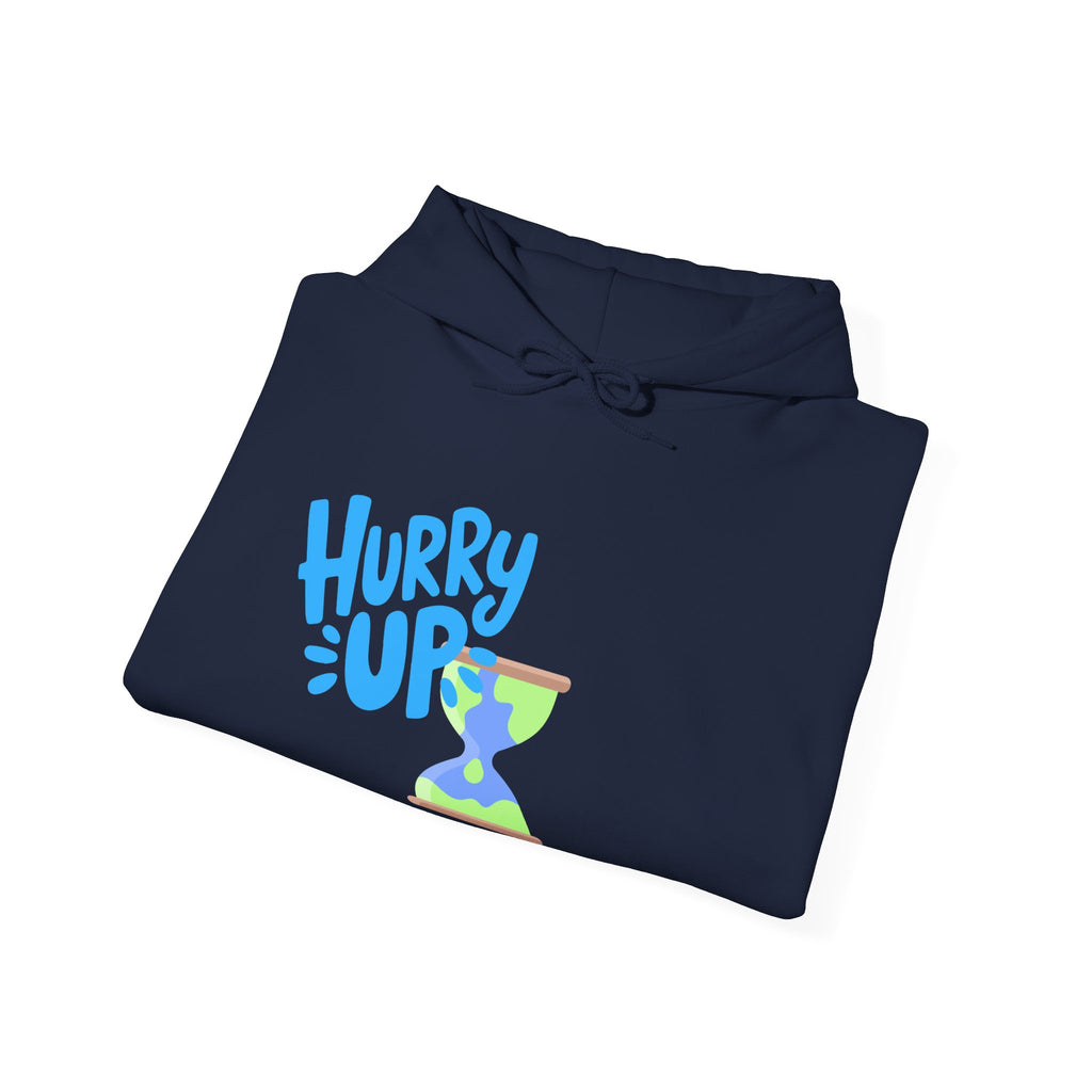 Folded navy blue hoodie with 'Hurry Up' text and timer graphic on a white background