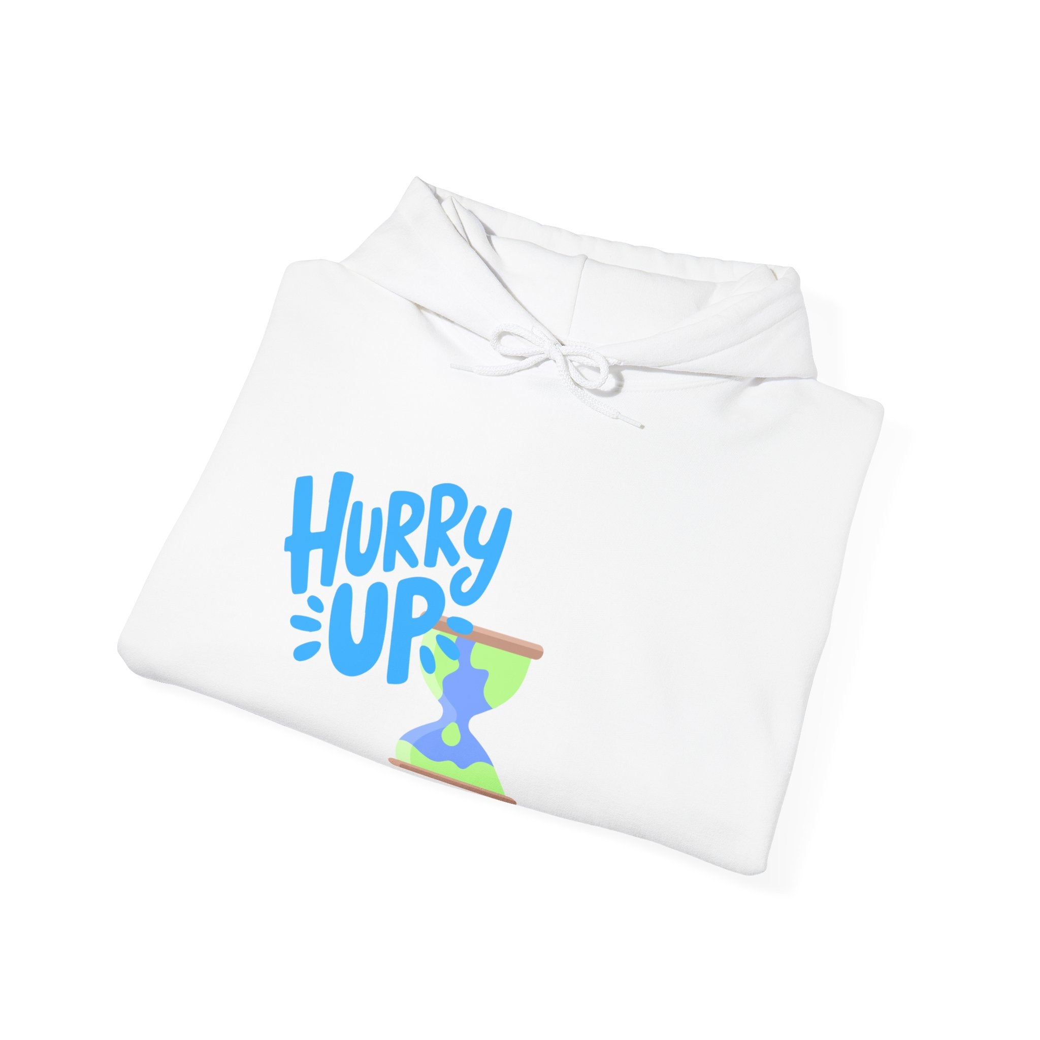 White hoodie with 'Hurry Up' text and colorful design on a white background