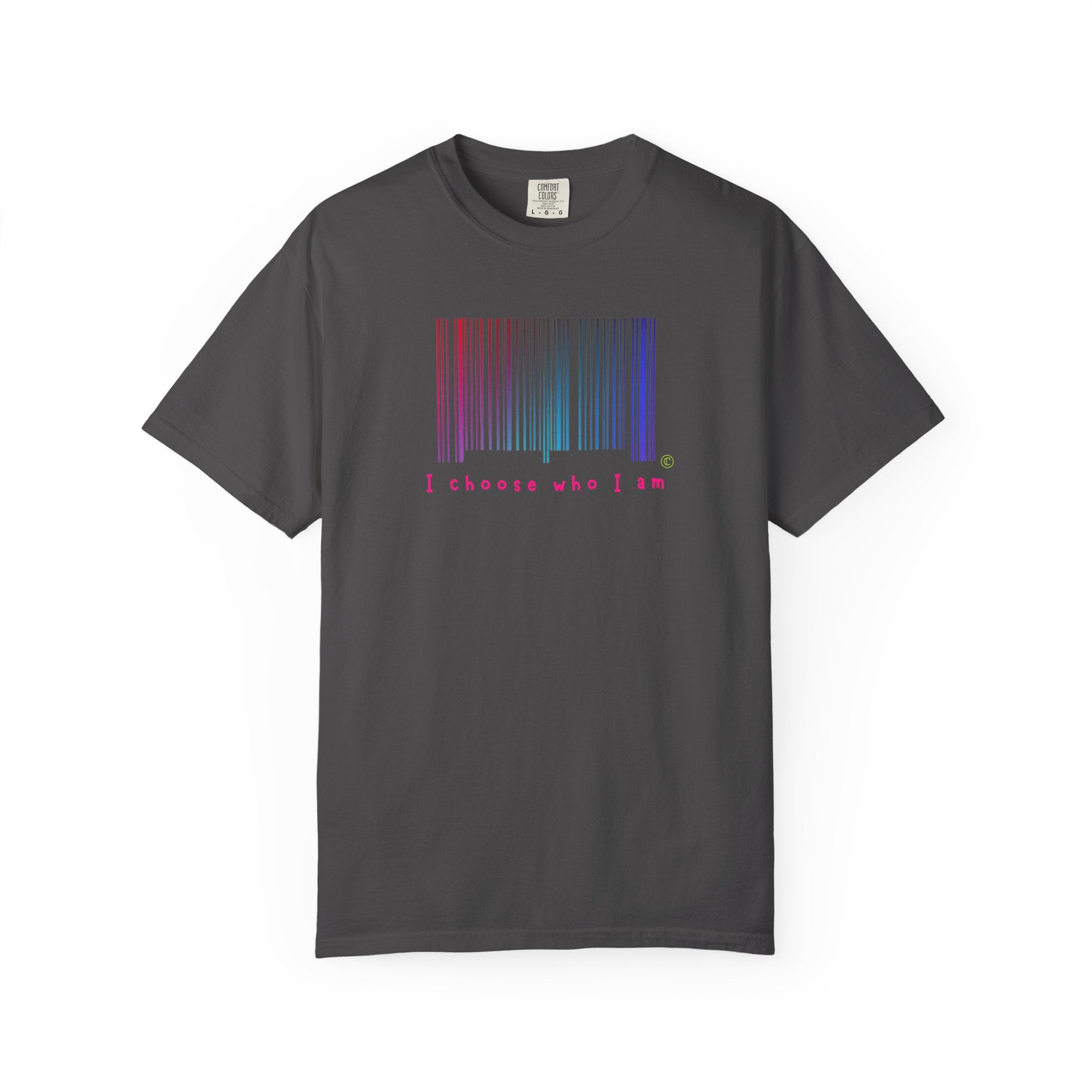 Gray t-shirt with colorful barcode design and text on a white background
