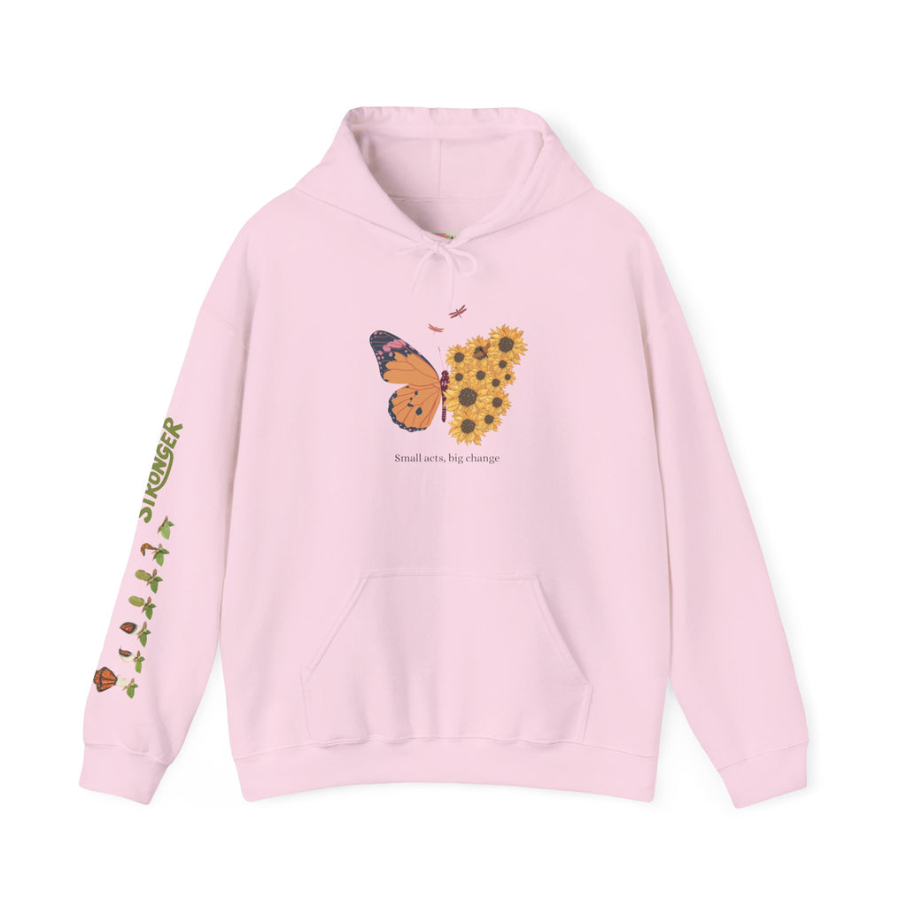 Pink hoodie with butterfly and leaf design on a white background
