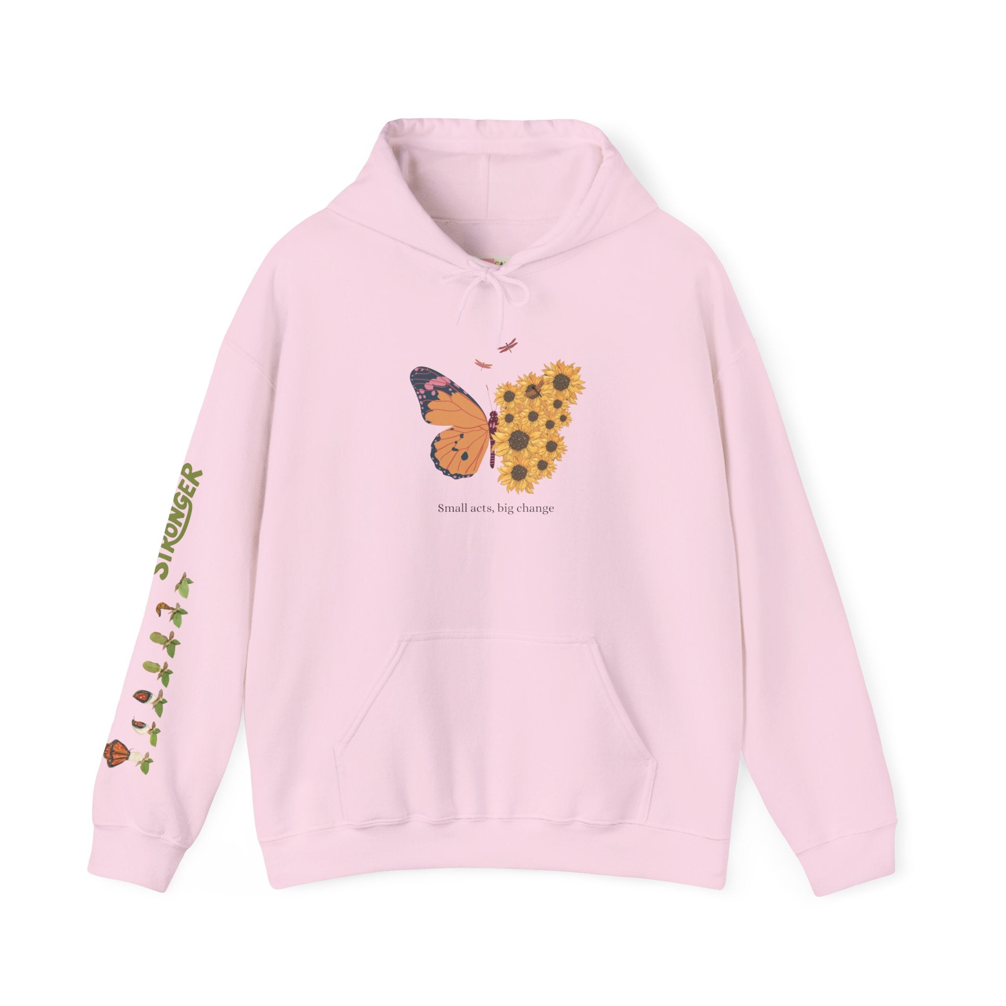 Pink hoodie with butterfly and leaf design on a white background