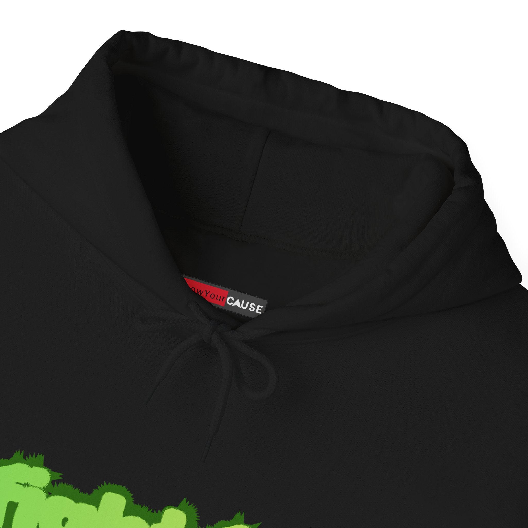 Black hoodie with a visible brand label on a white background