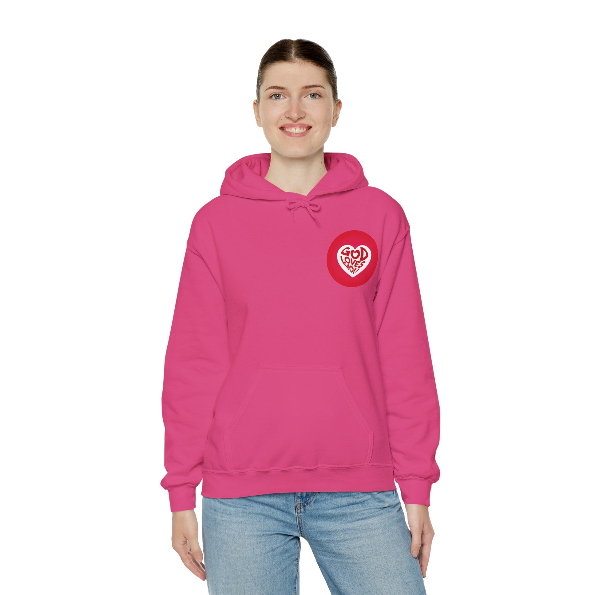 Person wearing a pink hoodie with a red heart logo on a white background