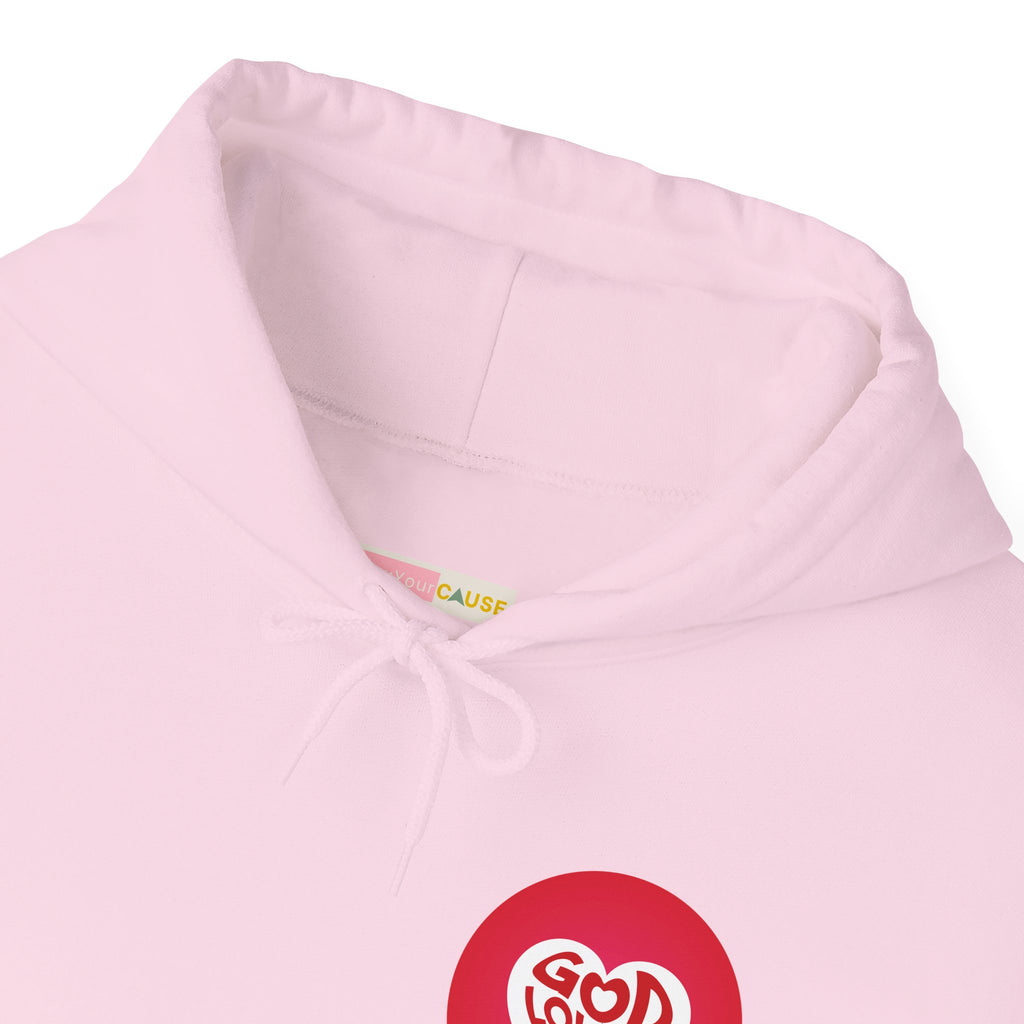 Pink hoodie with a red heart logo on a white background