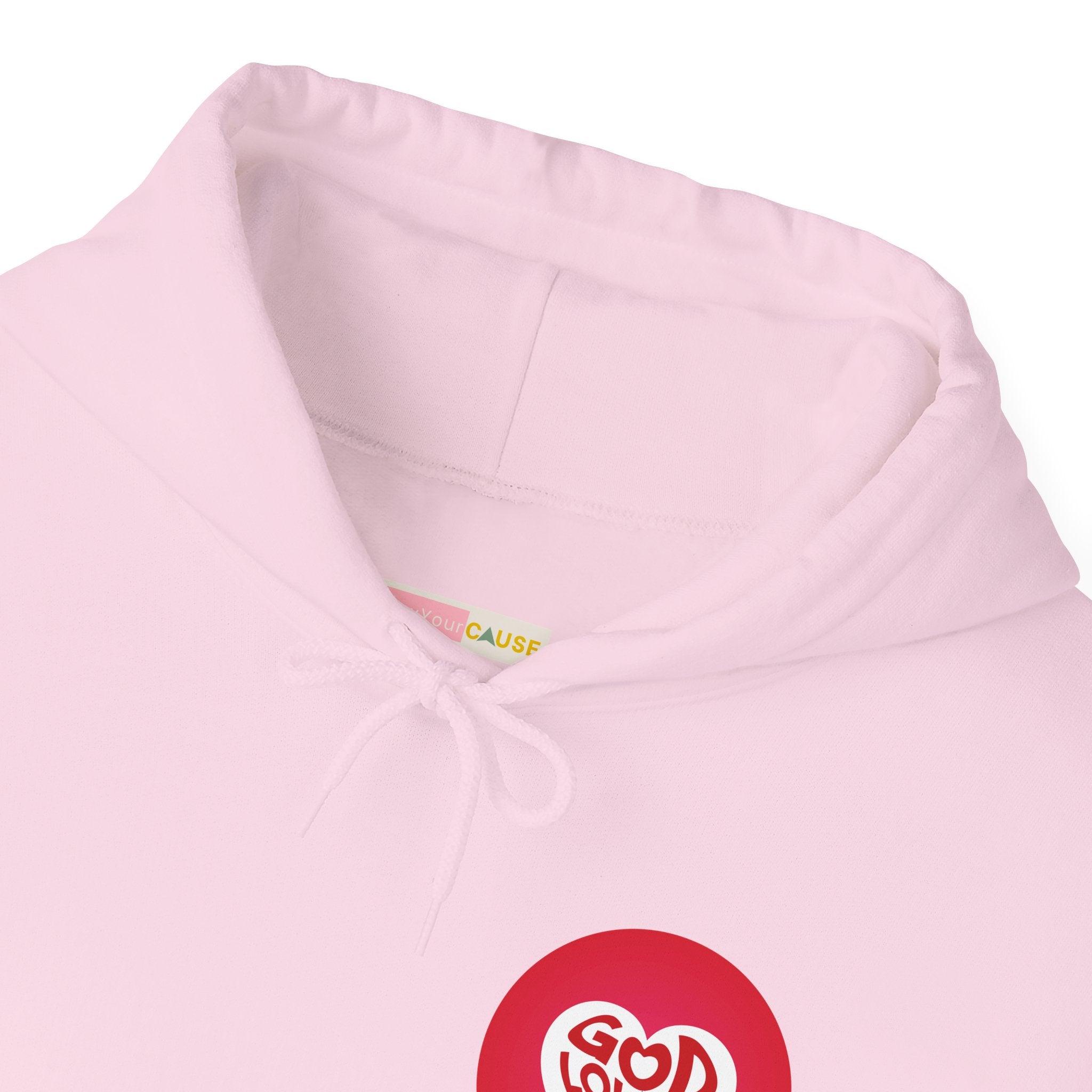 Pink hoodie with a red heart logo on a white background