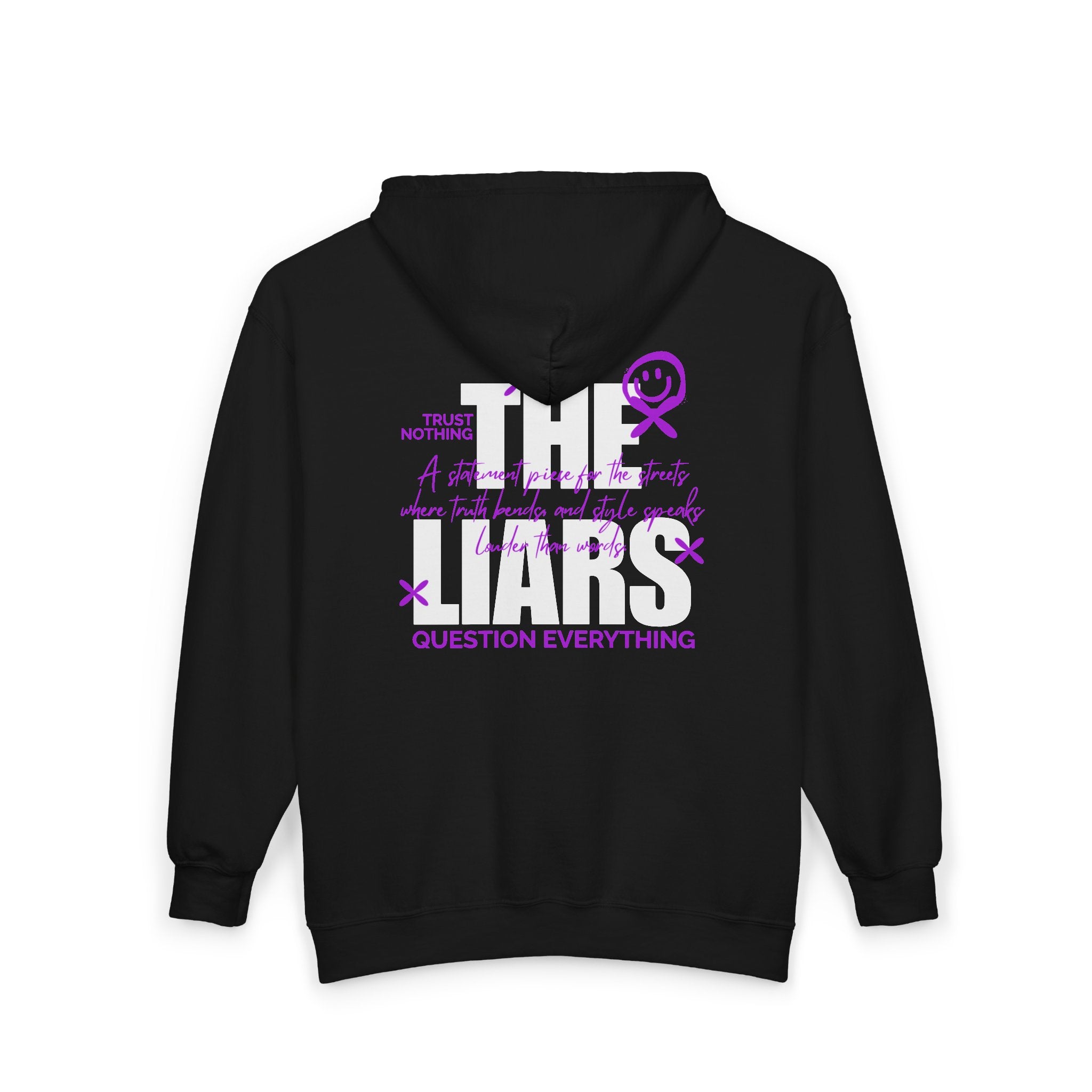 Black hoodie with text design on a white background