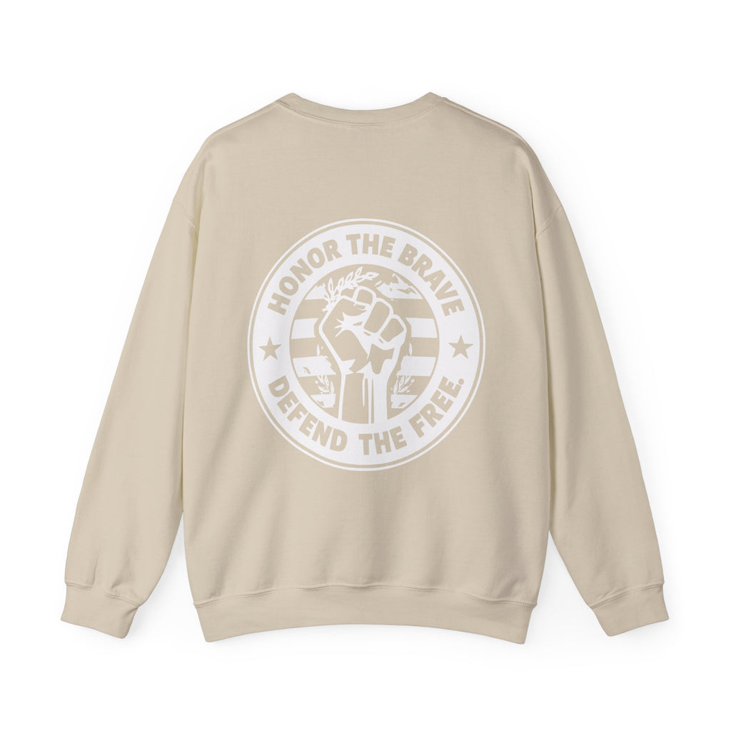 Beige sweatshirt with a white graphic and text on the back against a white background