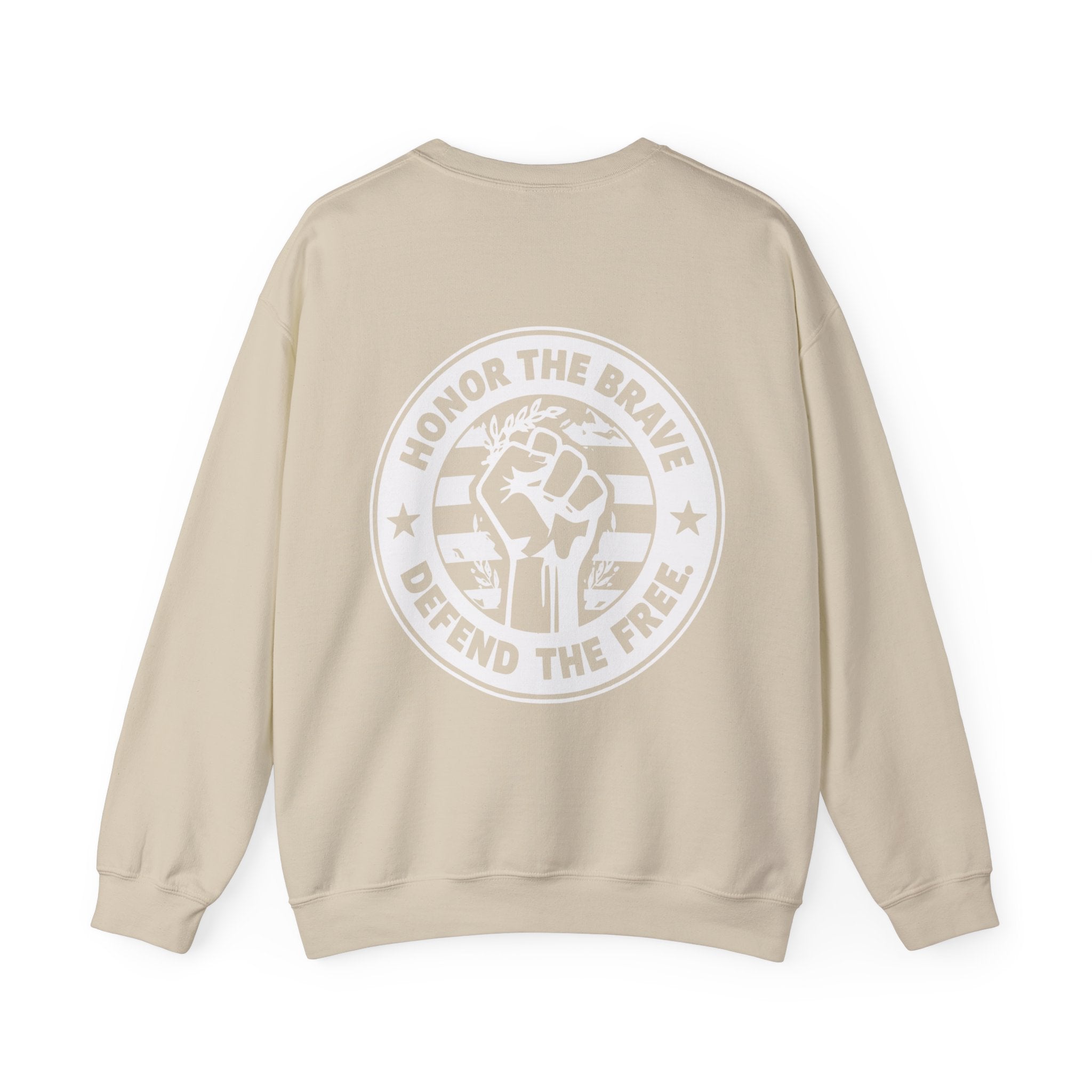 Beige sweatshirt with a white graphic and text on the back against a white background