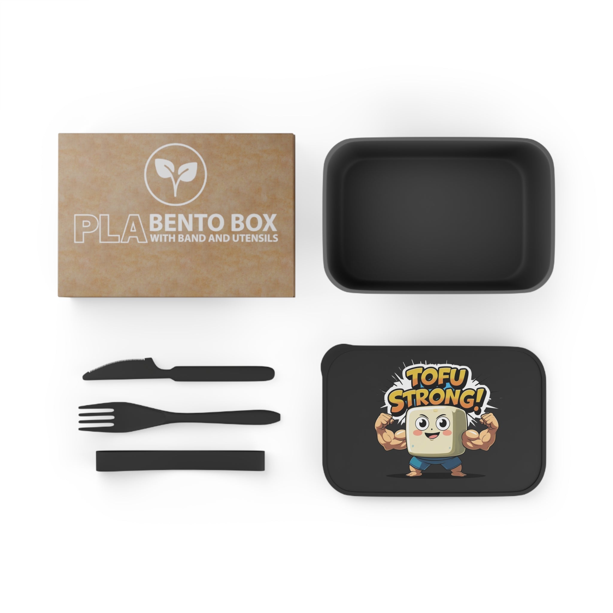 Bento box set with black containers, utensils, and a 'Tofu Strong' design on a white background.