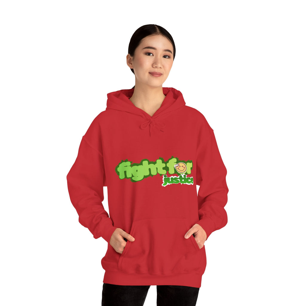 Person wearing a red hoodie with 'fight for justice' text on a white background