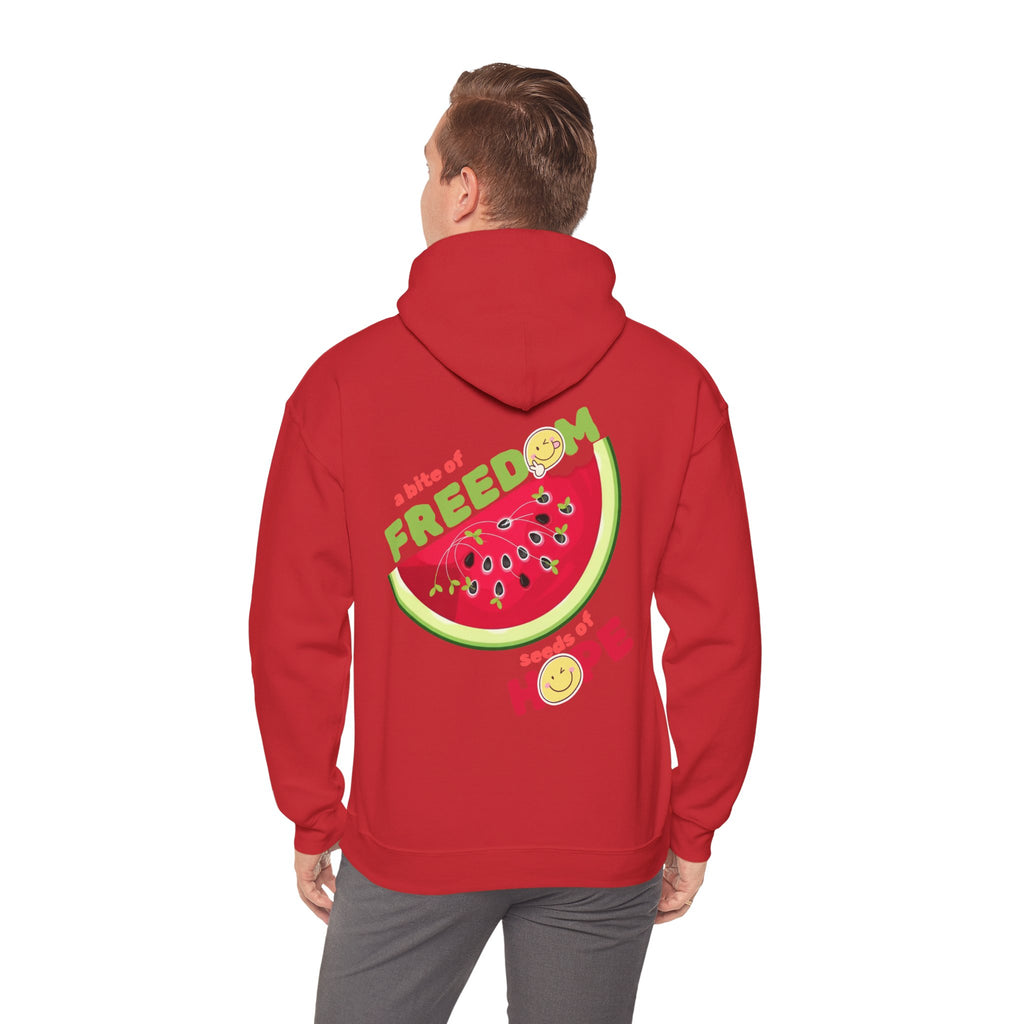Red hoodie with a watermelon design and text on the back, worn by a person.