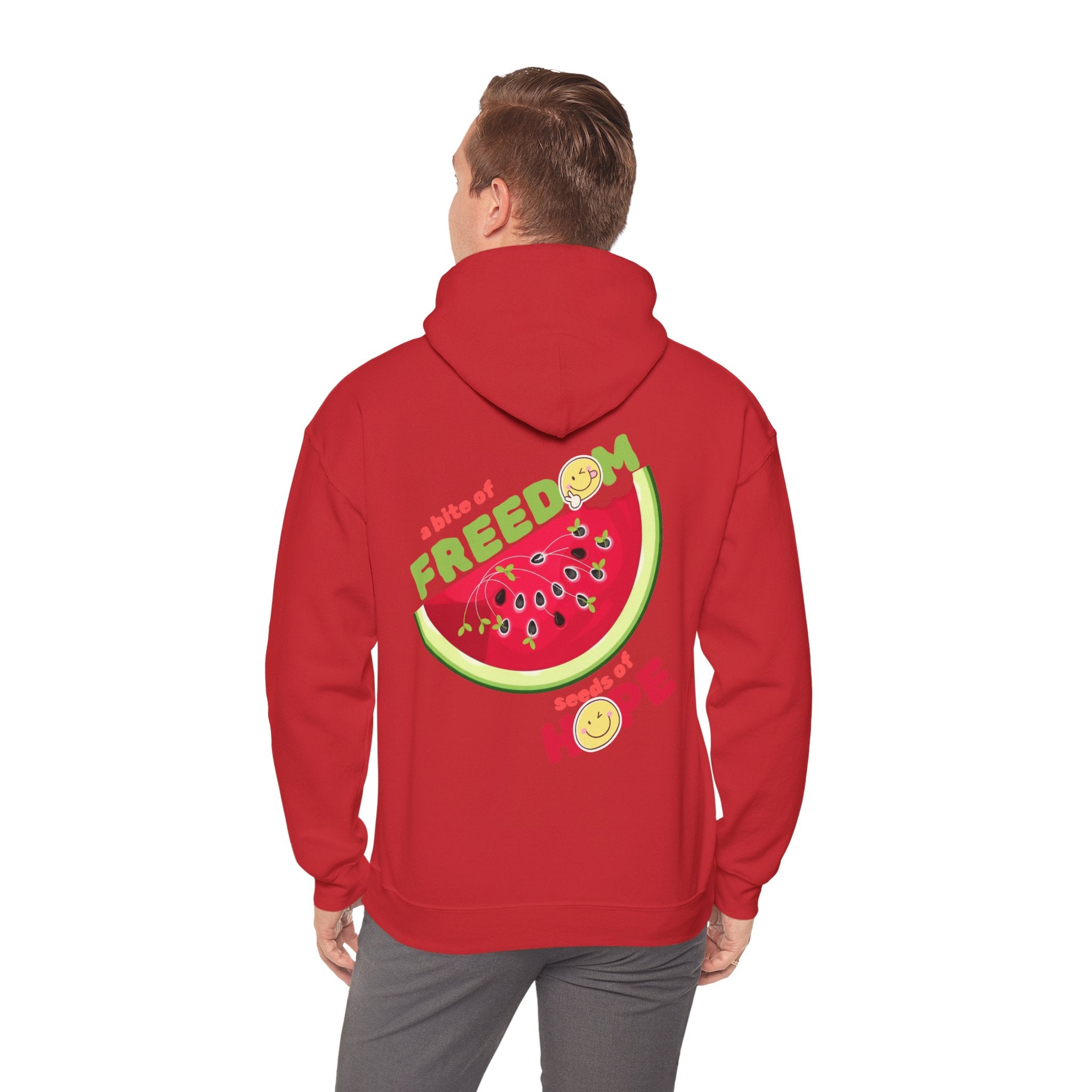 Red hoodie with a watermelon design and text on the back, worn by a person.