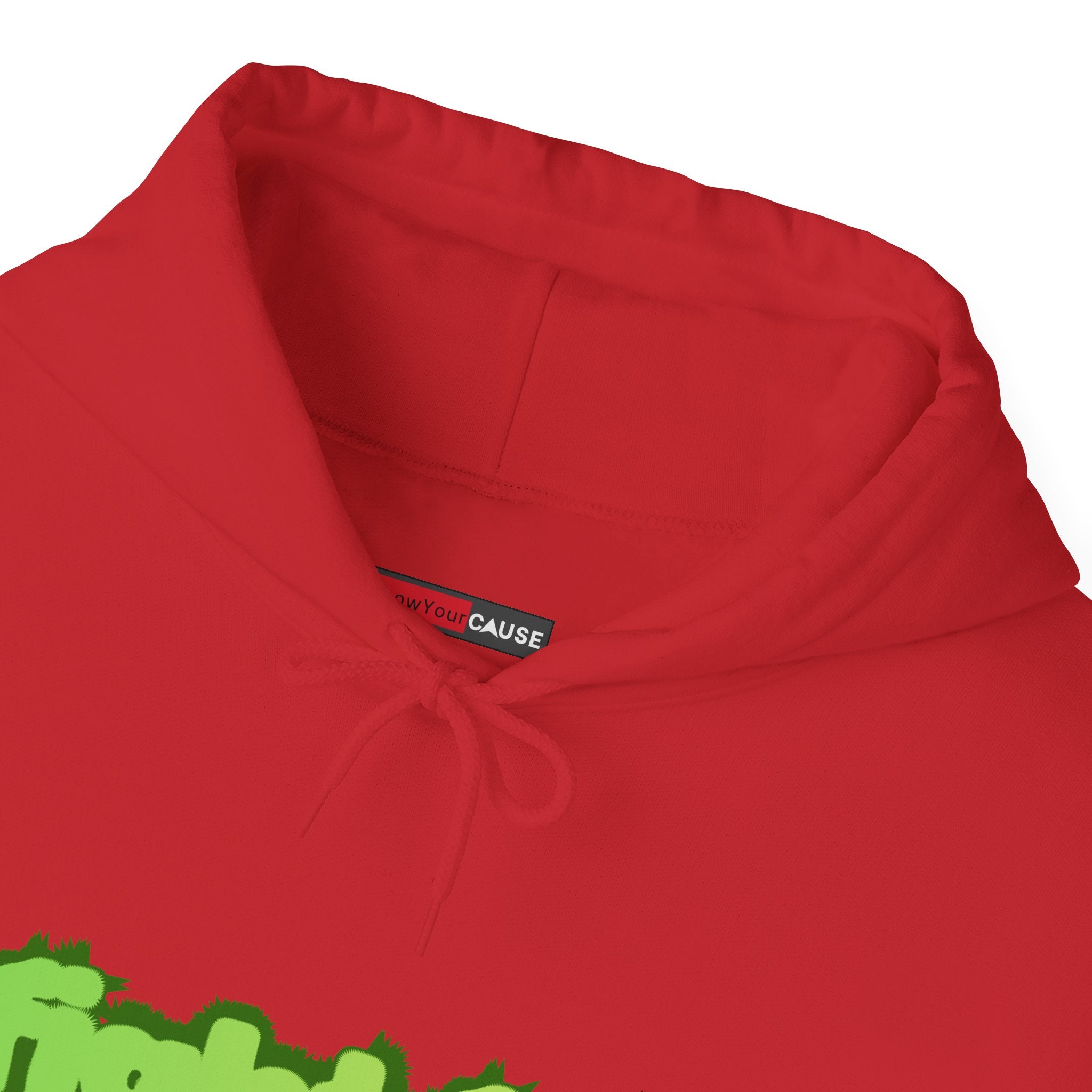 Red hoodie with a visible brand label on a white background