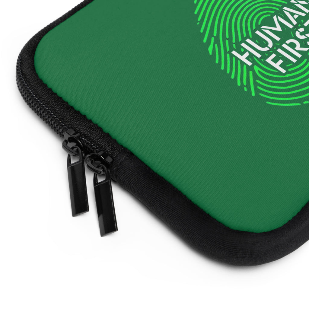 Human First Laptop Sleeve - Stylish Tech Case, Eco-Friendly Accessory, Gift for Students, Minimalist Computer Sleeve, Green Thumb Design
