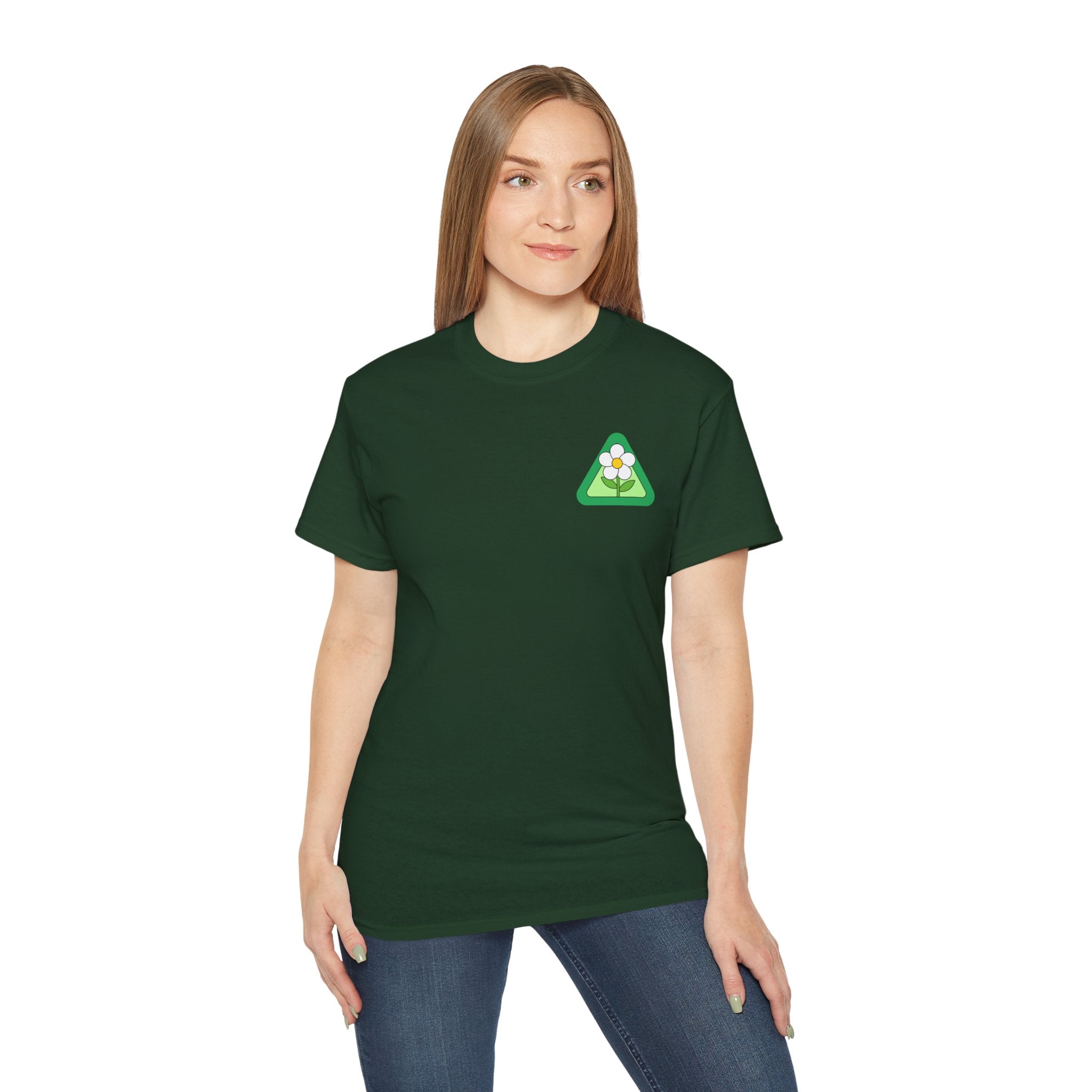 Person wearing a green t-shirt with a logo on a white background