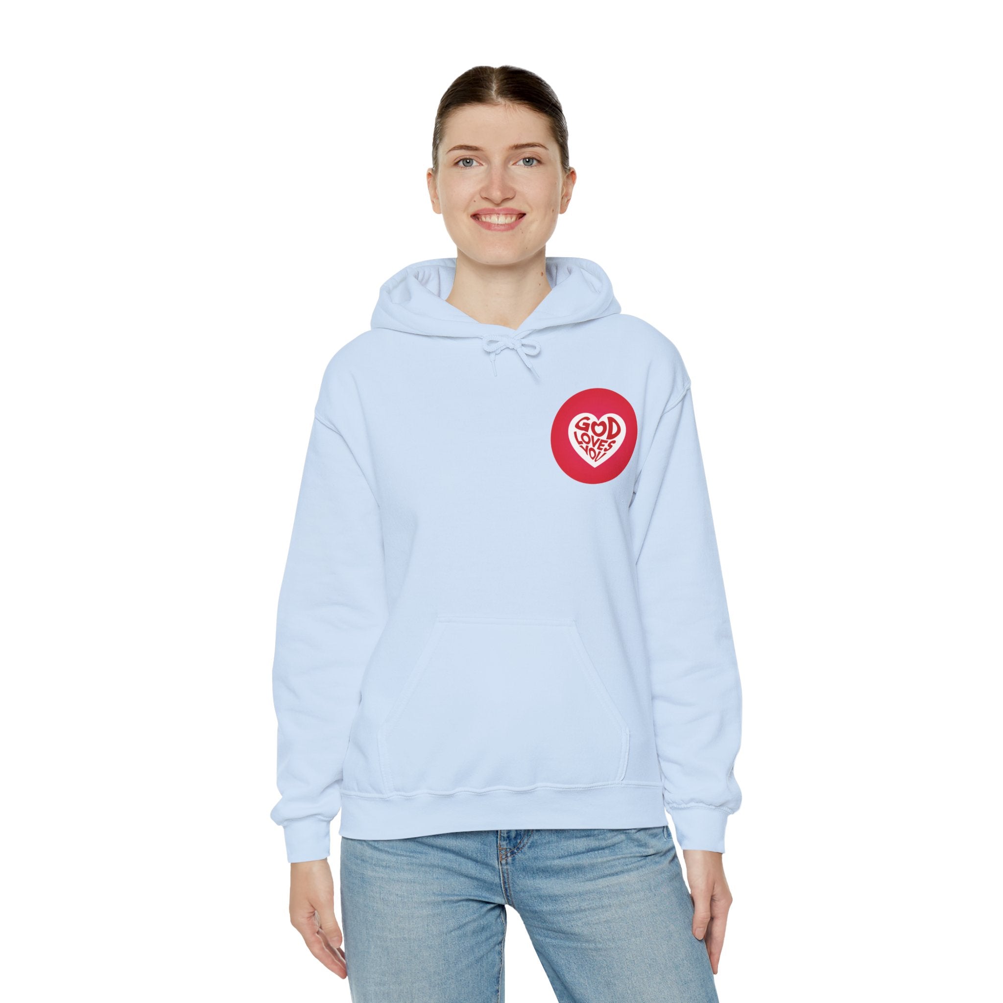 Person wearing a light blue hoodie with a red logo on a white background