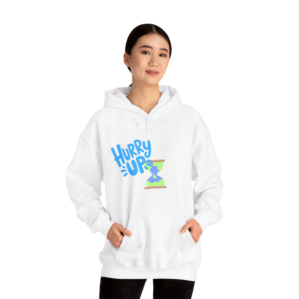 Person wearing a white hoodie with 'Hurry Up' text design on a white background