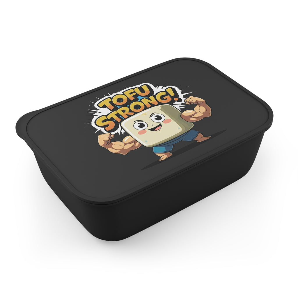 Black container with cartoon tofu character and 'Tofu Strong!' text on a white background