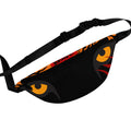 Black fanny pack with orange and red eye designs on a white background