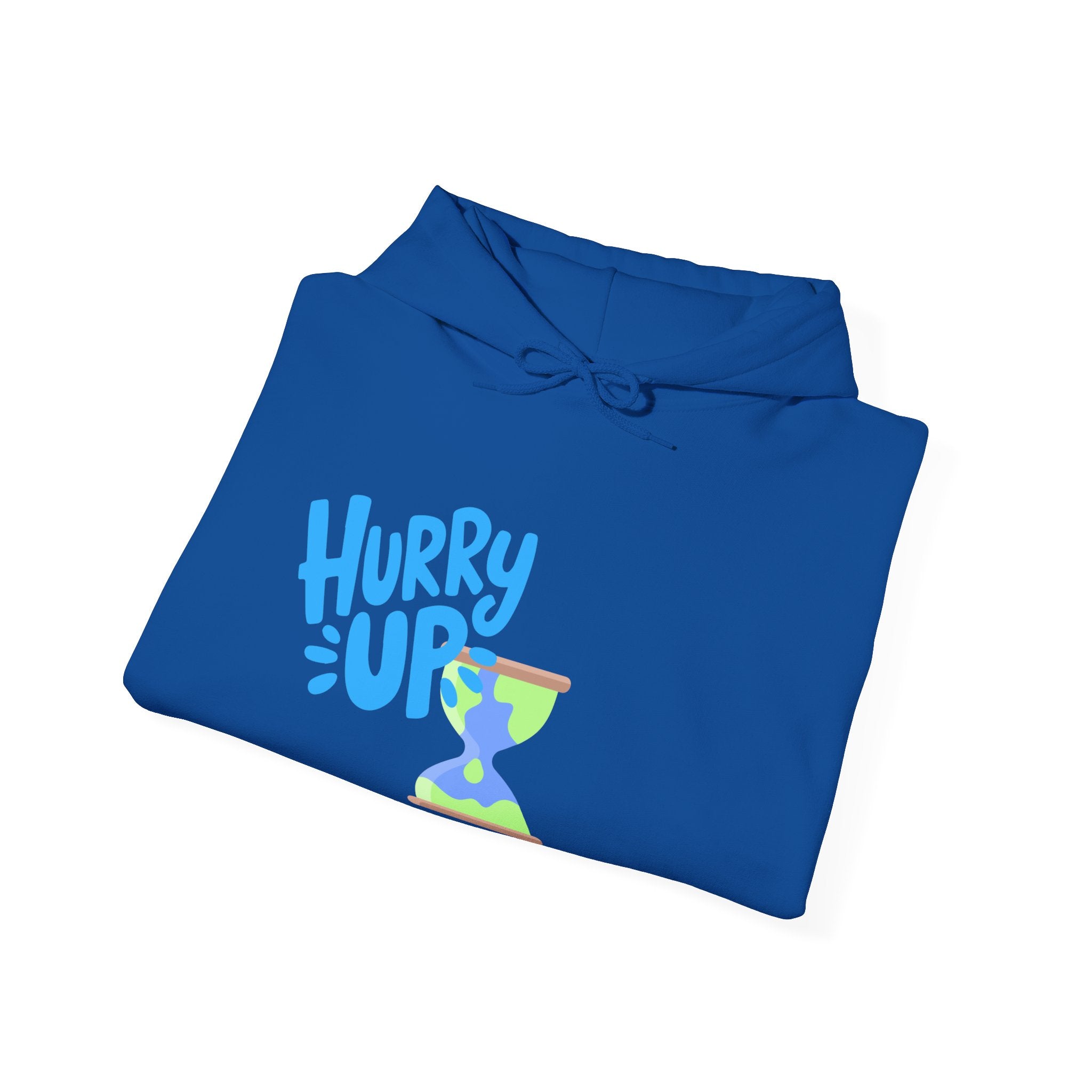 Folded blue hoodie with 'Hurry Up' text and sand timer graphic on a white background
