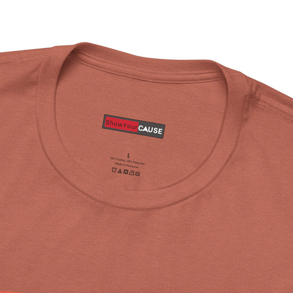 Brown t-shirt with 'Show Your Cause' label on a white background