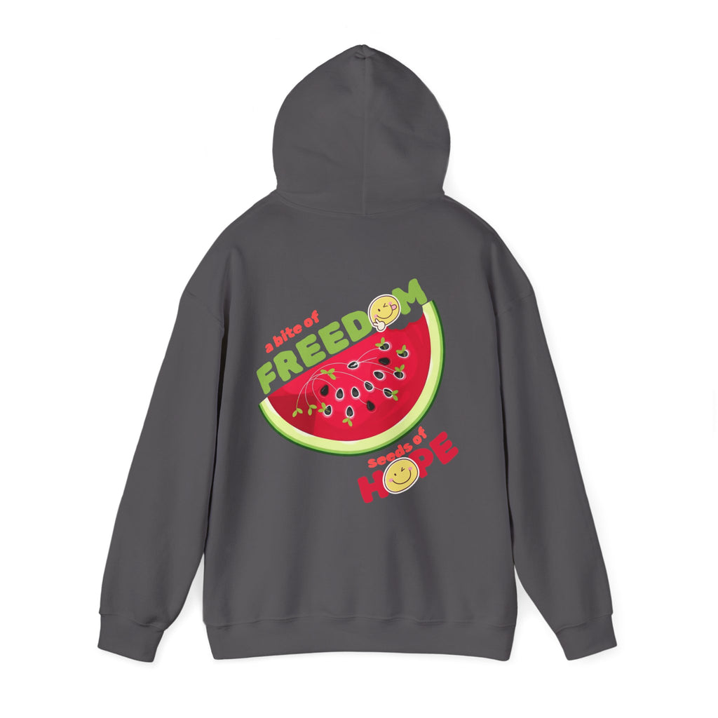 Gray hoodie with a watermelon design on the back, featuring text and smiley faces, on a white background.