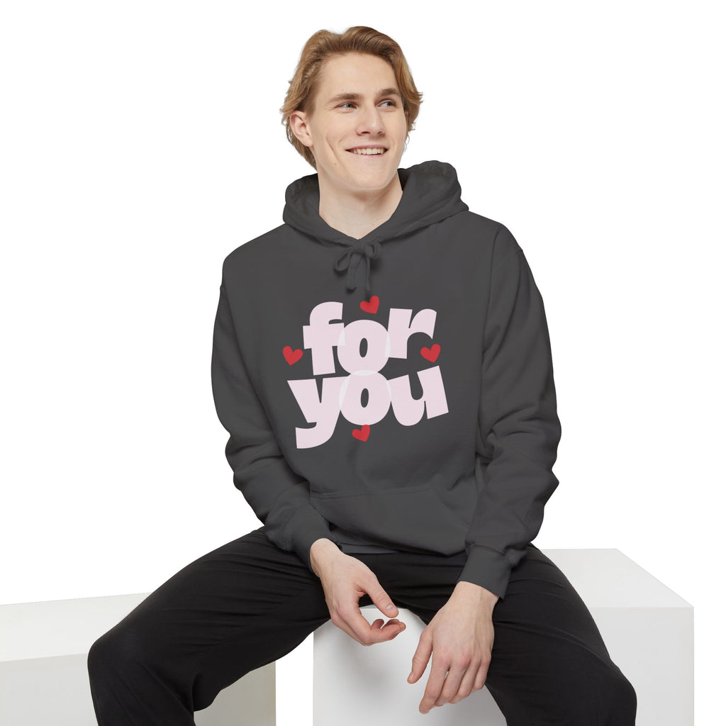 Person wearing a dark gray hoodie with 'for you' text and red hearts on a white background