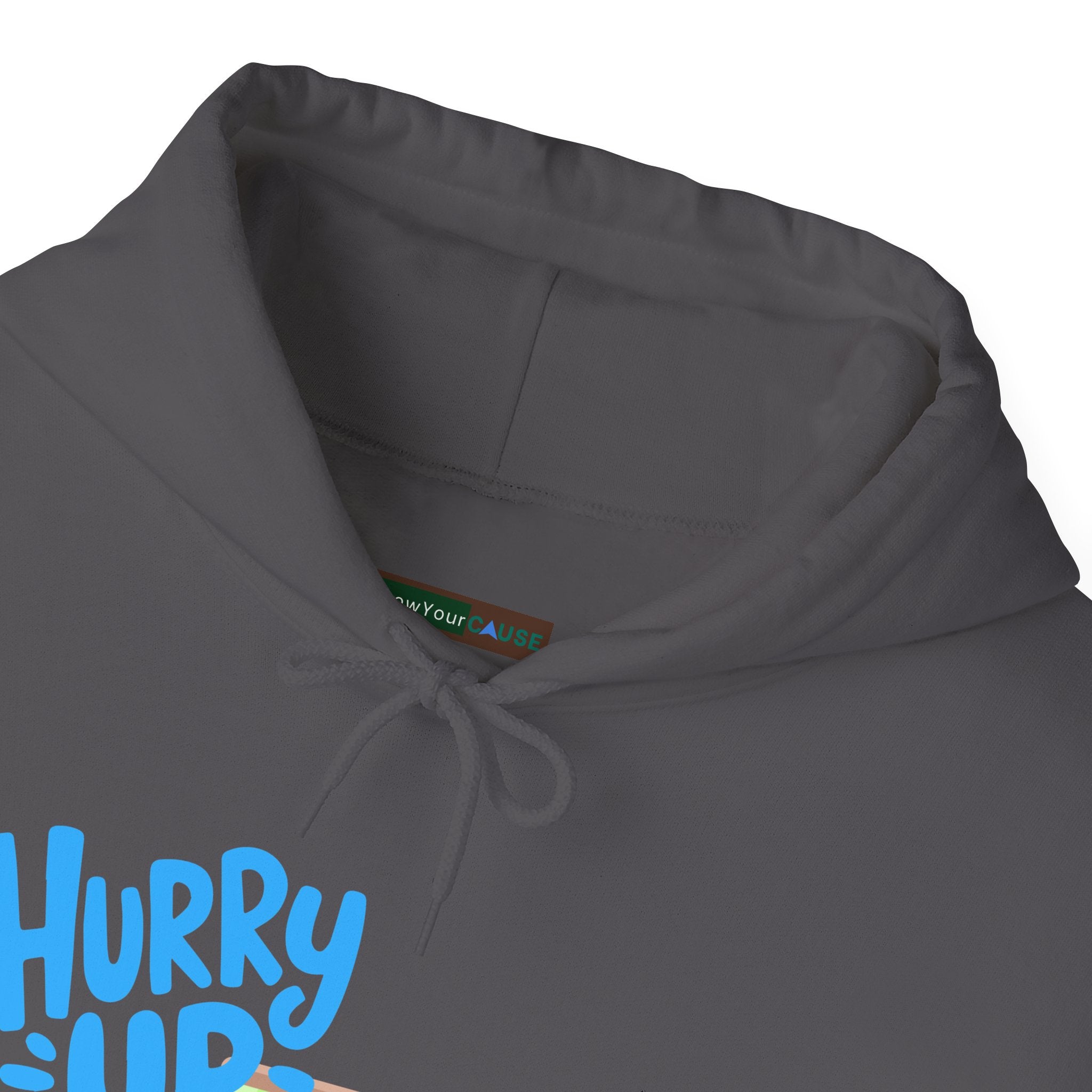 Gray hoodie with blue text on a white background