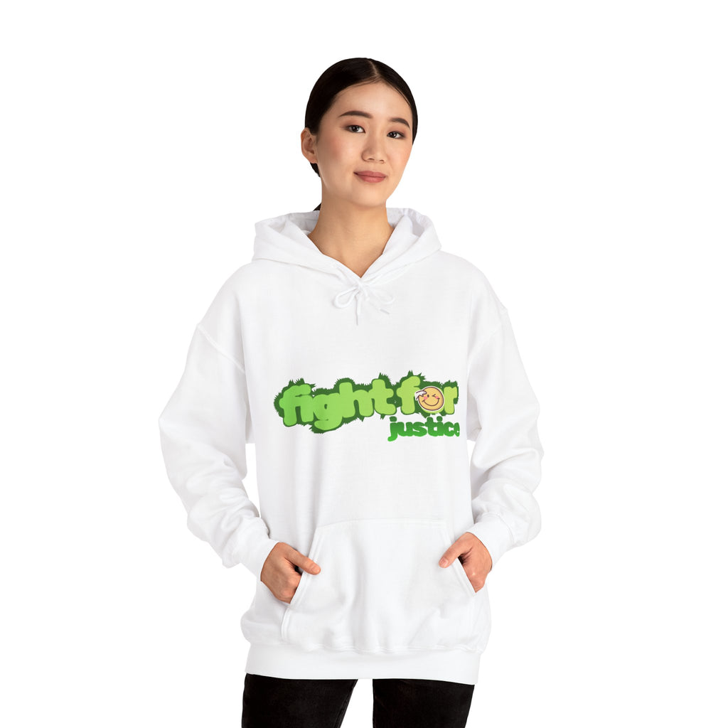 Person wearing a white hoodie with green and black text on a white background