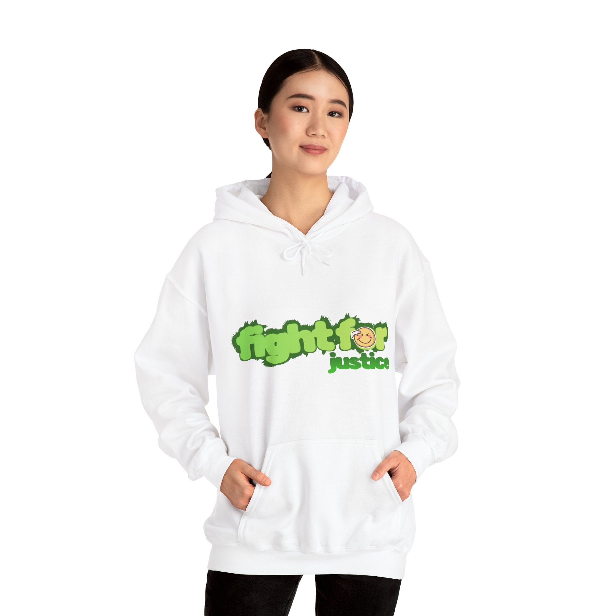 Person wearing a white hoodie with green and black text on a white background