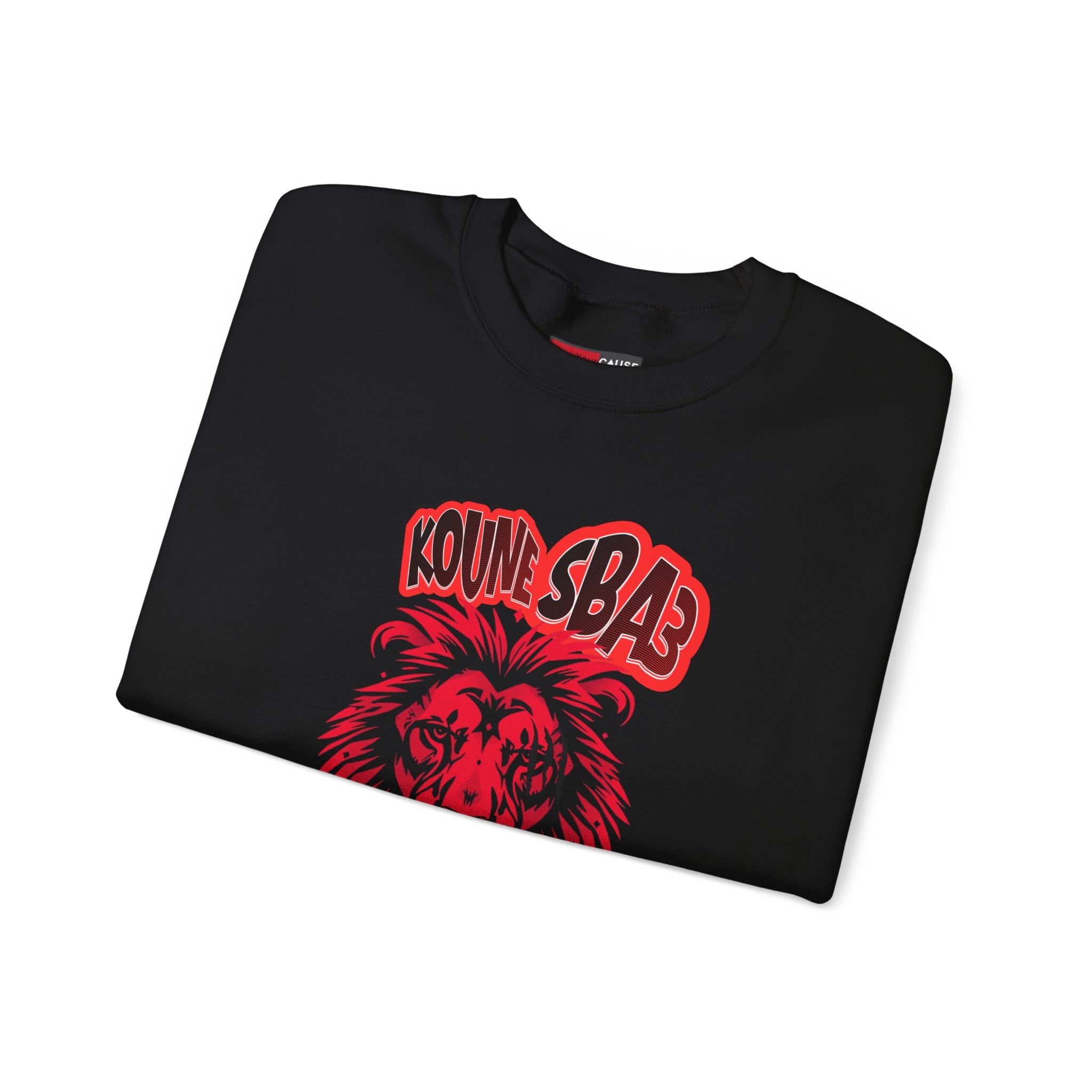 Folded black sweatshirt with red graphic design on a white background