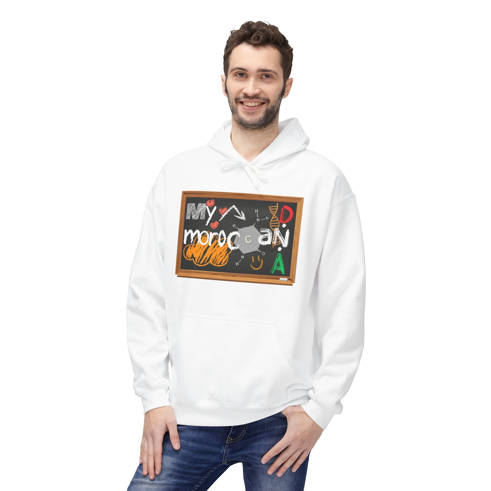 Person wearing a white hoodie with a colorful graphic design on a white background Moroccan DNA