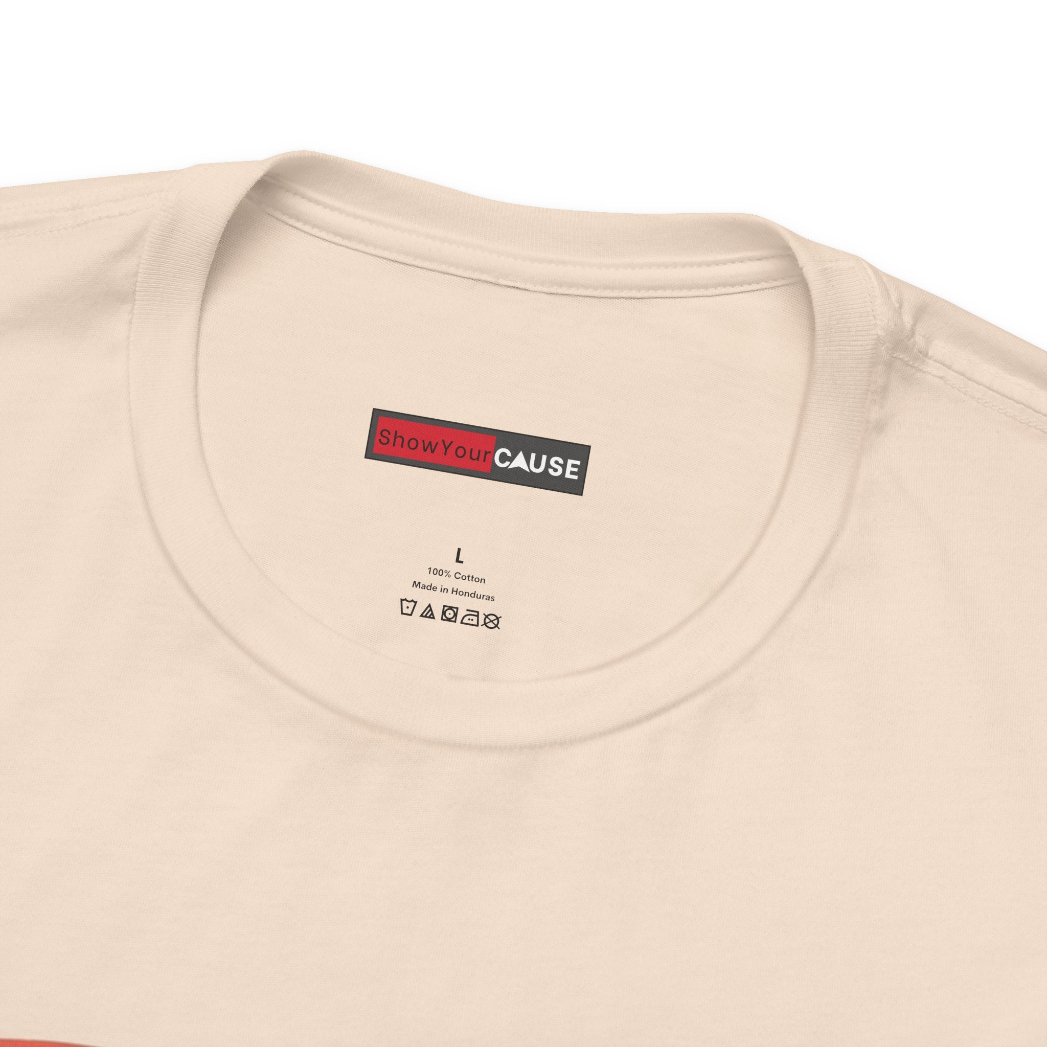 Beige t-shirt with a label on the collar displaying 'Show Your Cause'.