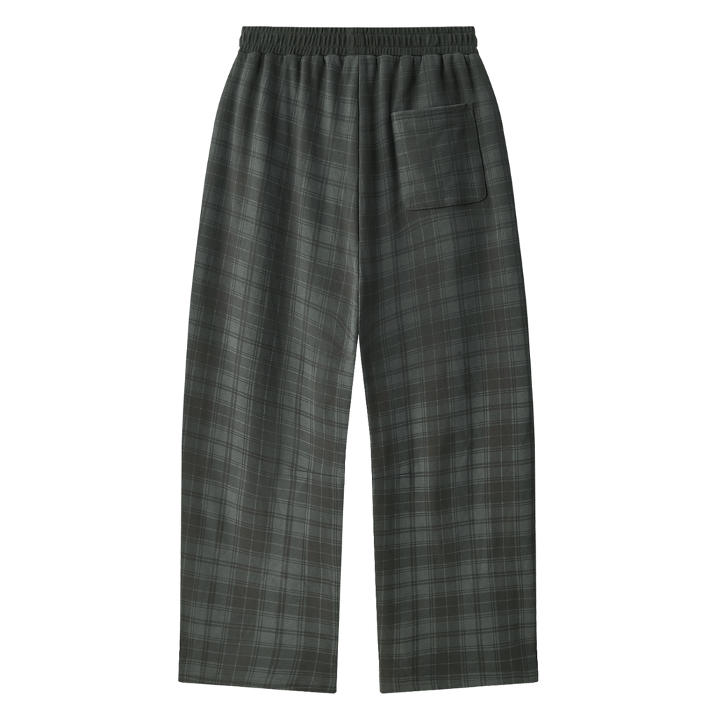 Dark green and gray plaid lounge pants with an elastic waistband and a side pocket, shown flat on a white background.