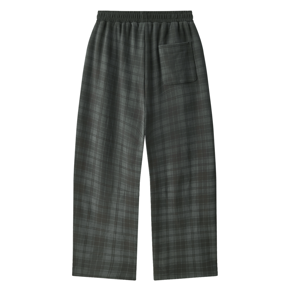 Dark green and gray plaid lounge pants with an elastic waistband and a side pocket, shown flat on a white background.
