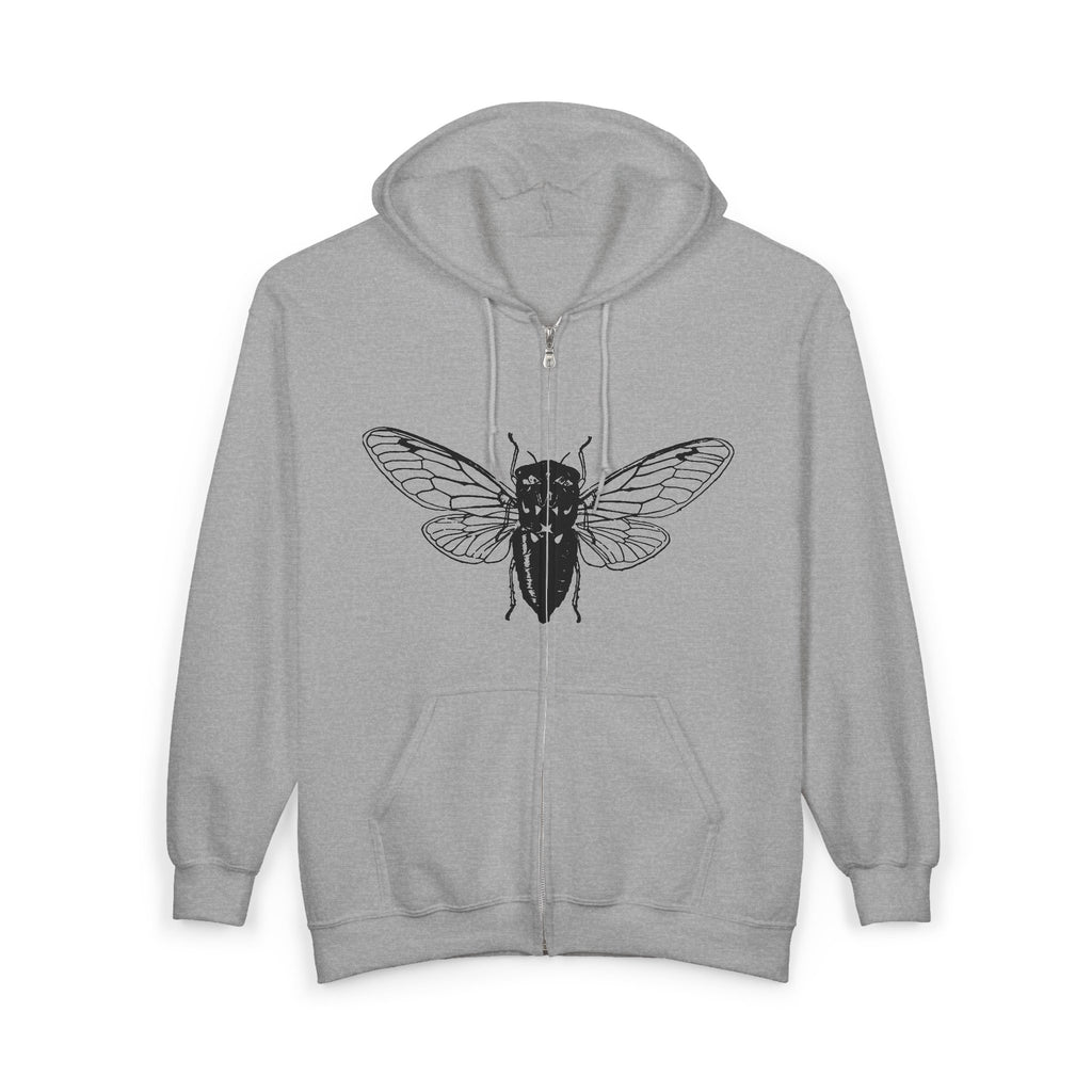 Gray hoodie with a black cicada design on a white background