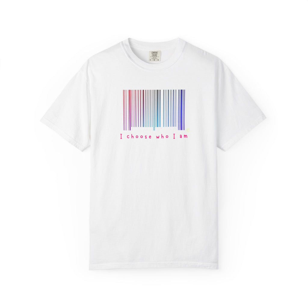White t-shirt with a barcode design and text on a white background