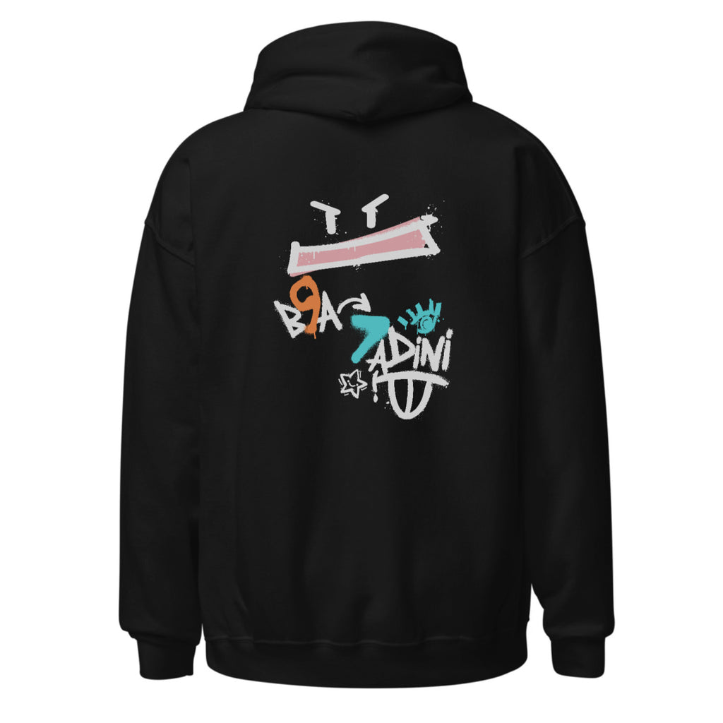 Black hoodie with colorful graphics on the back against a white 
• &nbsp; &nbsp; “B9a 7addini, ana l’focus.”
• &nbsp; &nbsp; “L3in dyalk ma kay7idch m3aya.”
• &nbsp; &nbsp; “Street vibes, b9a 7addini.”
• &nbsp; &nbsp; “Ana hna, w nta b9a 7addini.”background