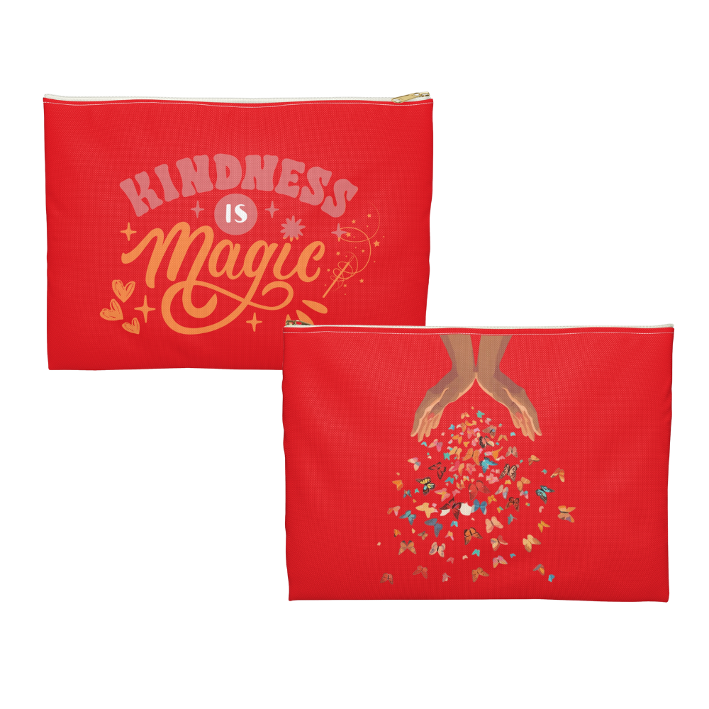 Two red pouches with 'Kindness is Magic' text and hand design on a white background