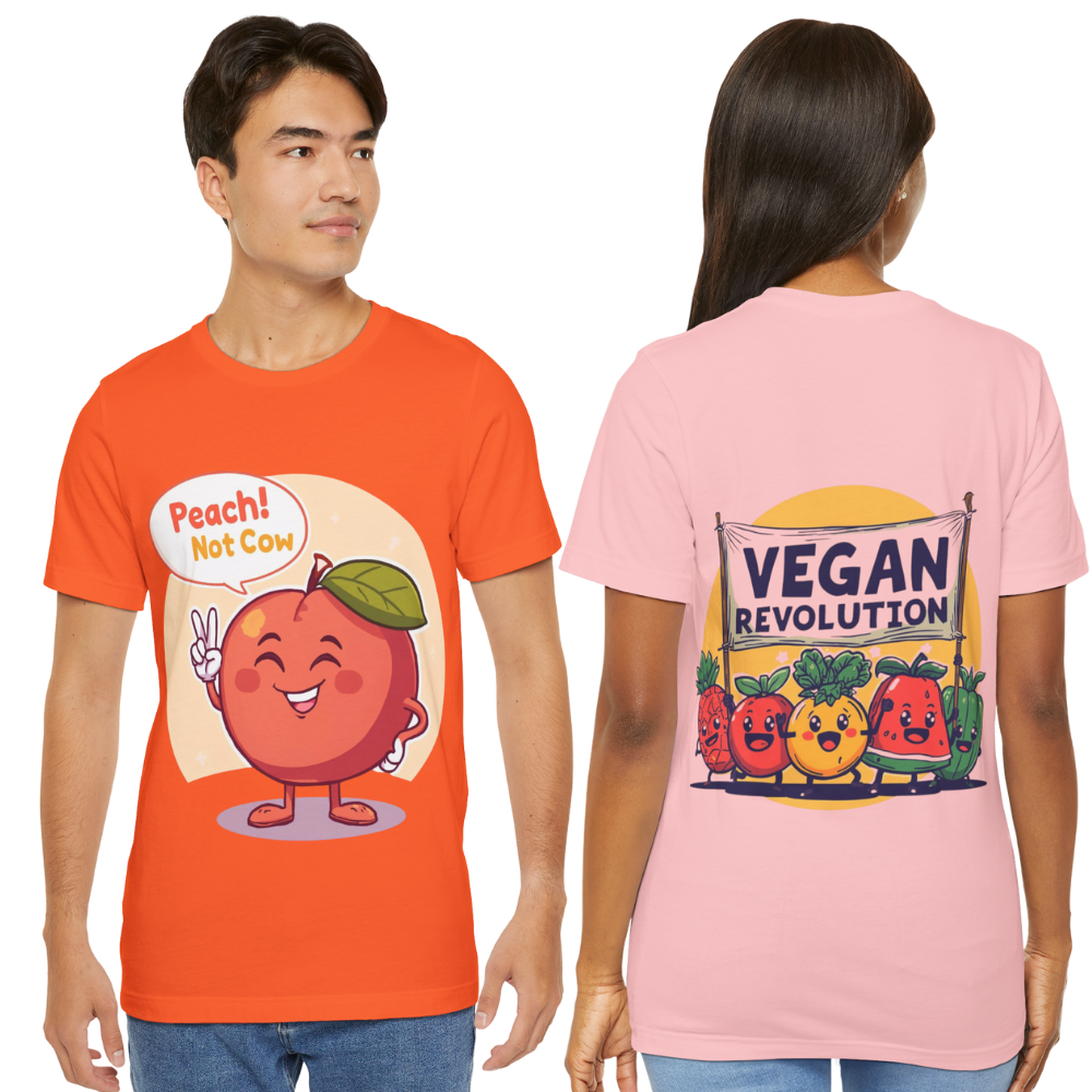 Two people wearing t-shirts with cartoon peach and vegan-themed designs.
