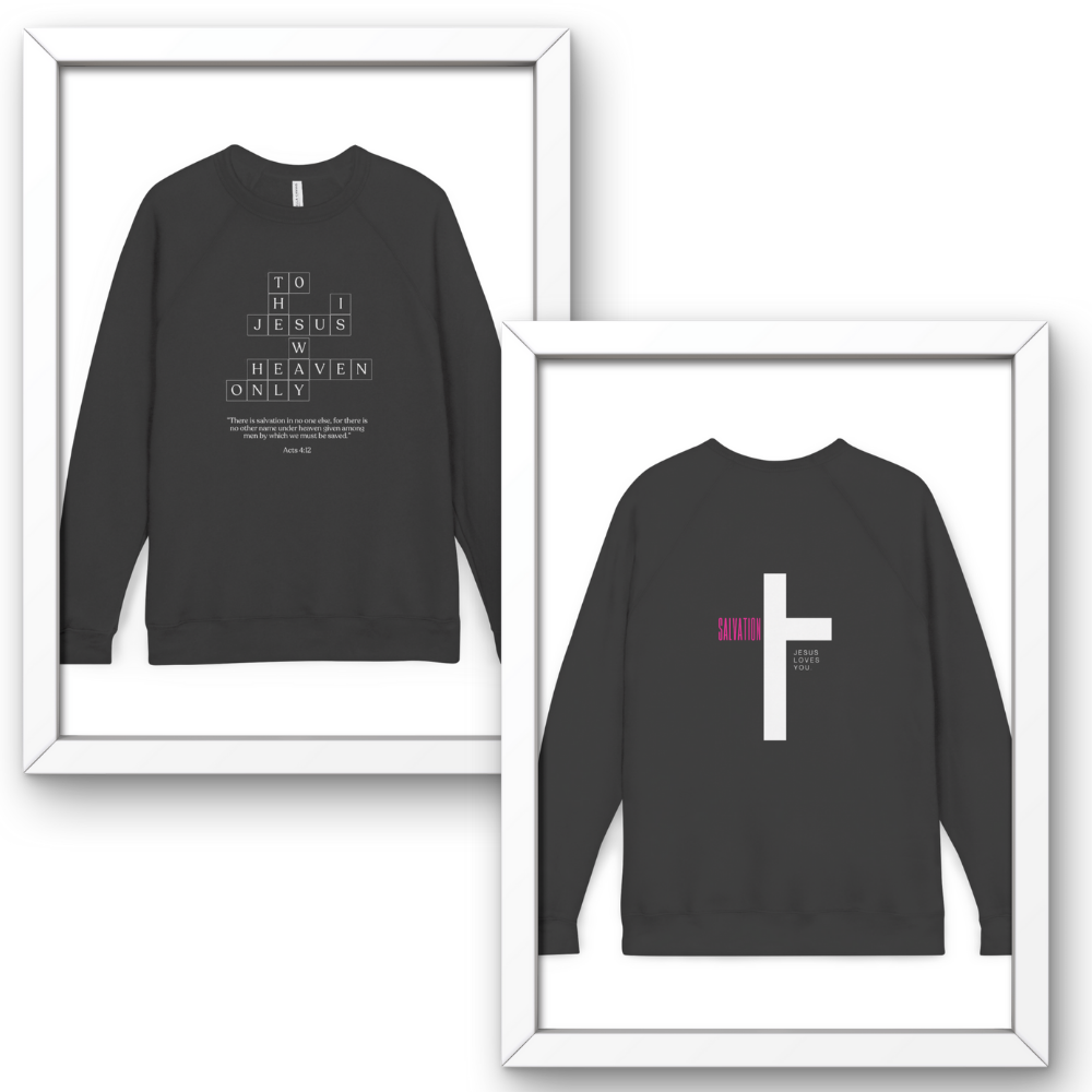 Black sweatshirts with text and a cross design on a white background