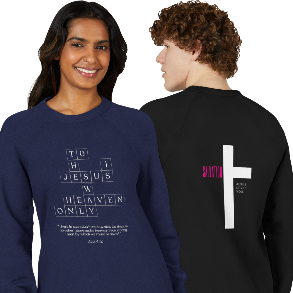 Two people wearing sweatshirts with text and graphics on a white background