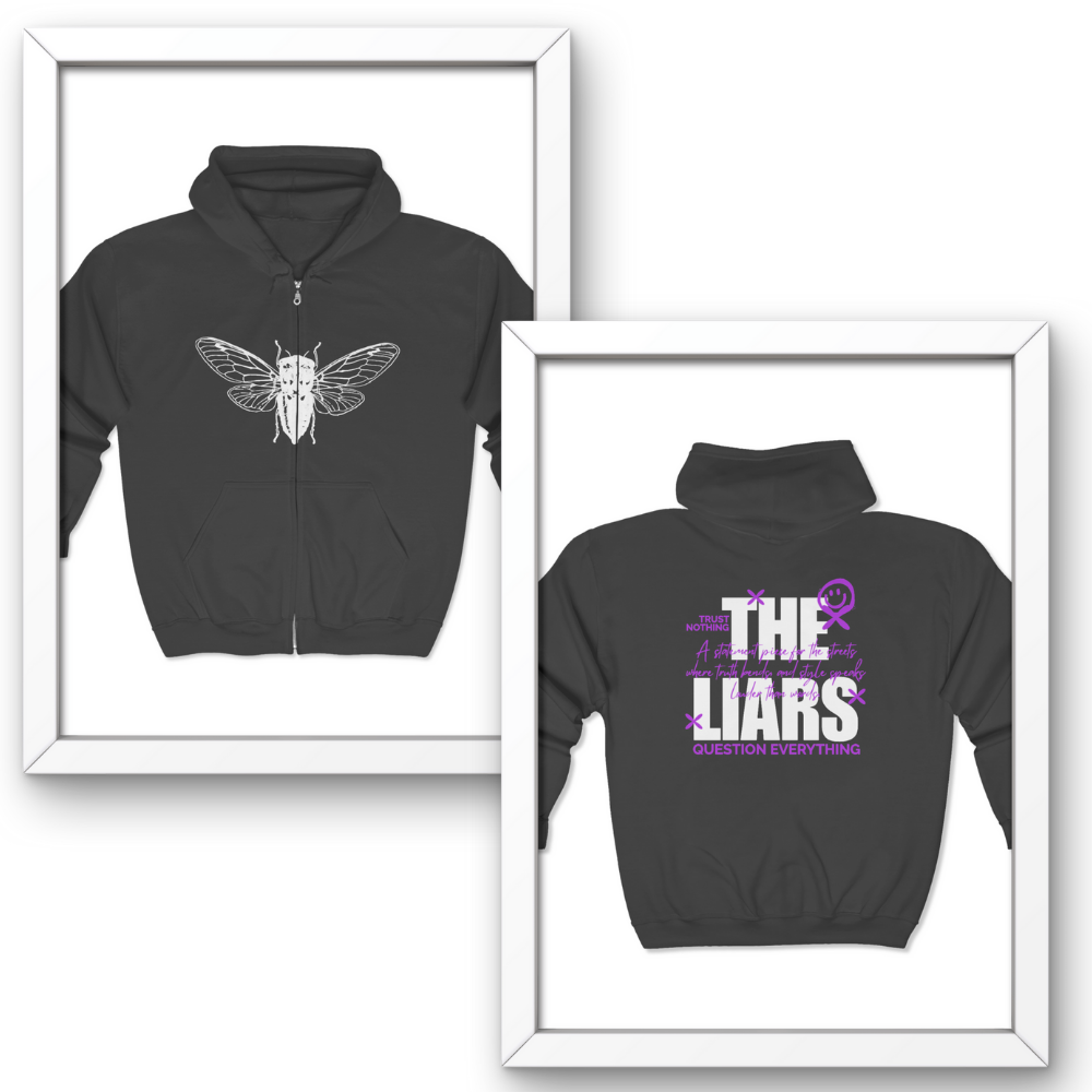 Black hoodie with white graphic and text on a white background